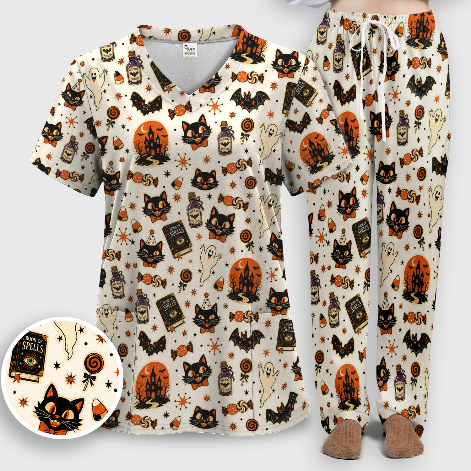 Halloween Black Cat with Ghost Candy Print Scrub Set, Scrub Pants and V Neck Top