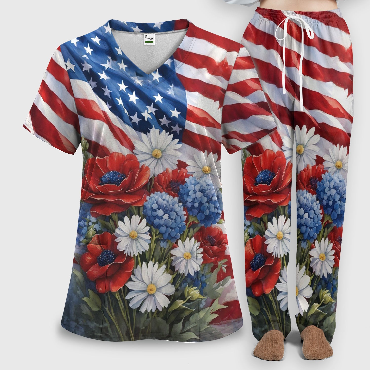 Festive US Flag Floral Bouquet Pattern Scrub Set, Scrub Pants and V Neck Top