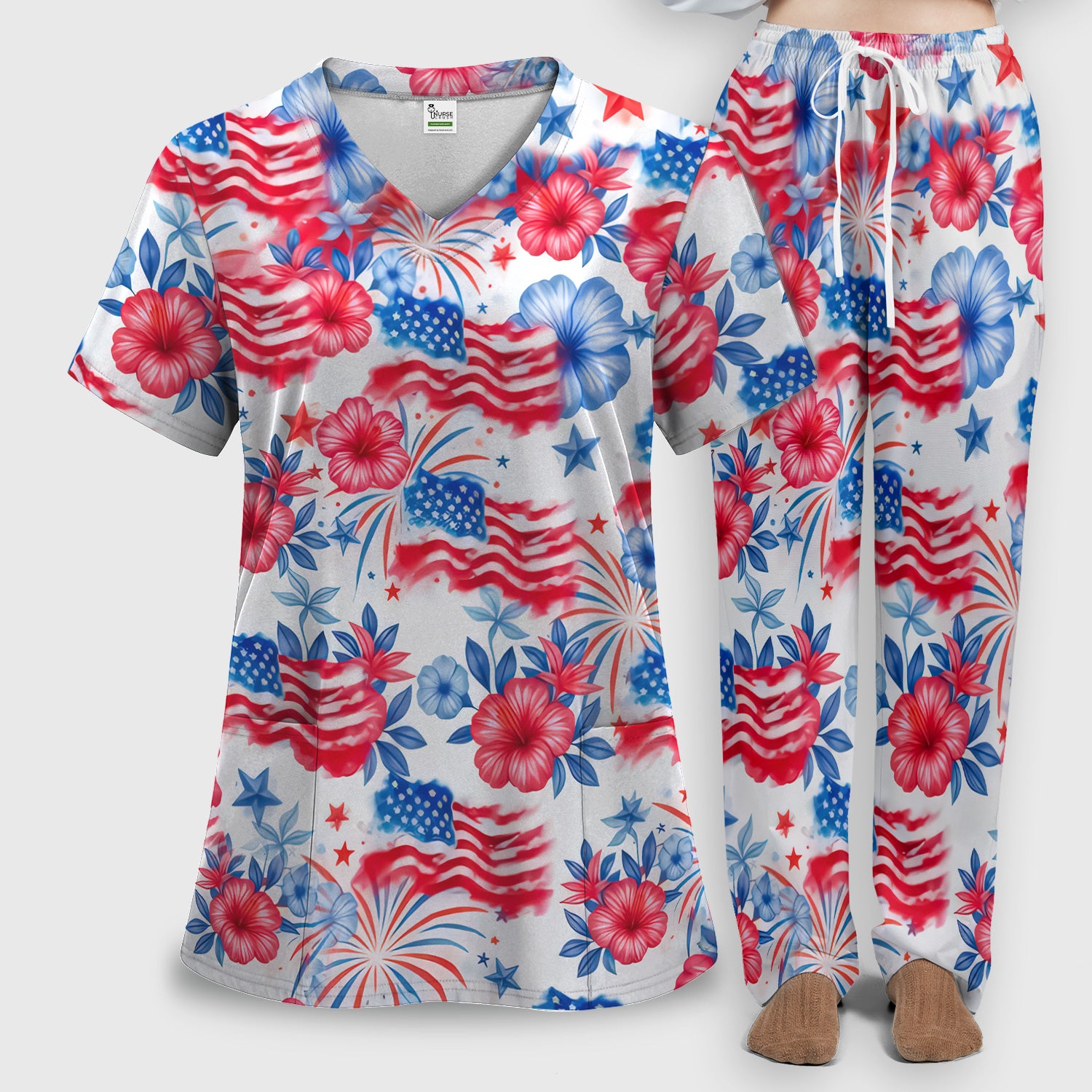 Patriotic American Flag Floral Pattern Scrub Set, Scrub Pants and V Neck Top