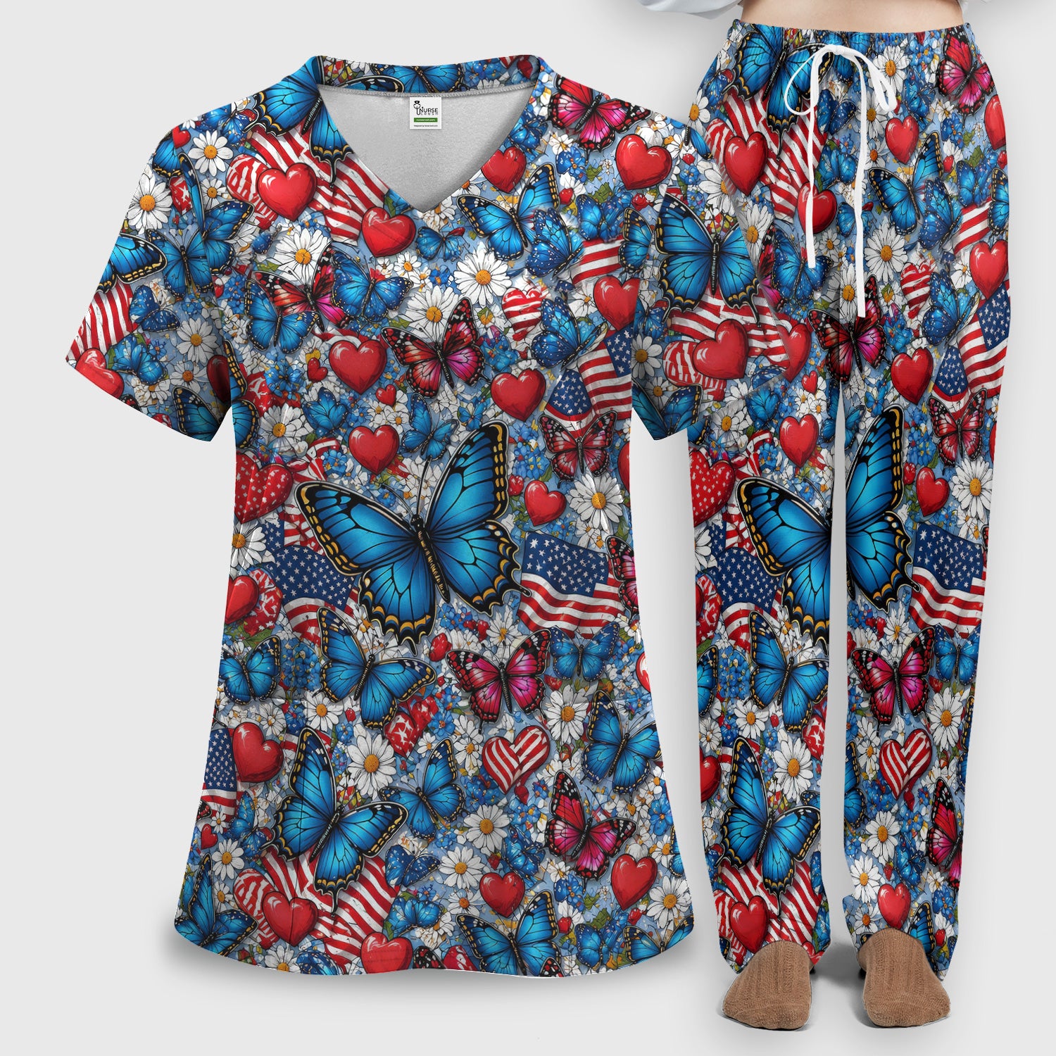 Festive Patriotic Butterfly Heart Floral Pattern Scrub Set, Scrub Pants and V Neck Top