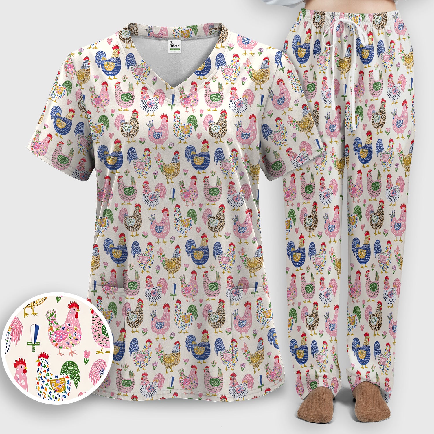 Funny Chicken Rooster Pattern Scrub Set, Women's Scrub Sets