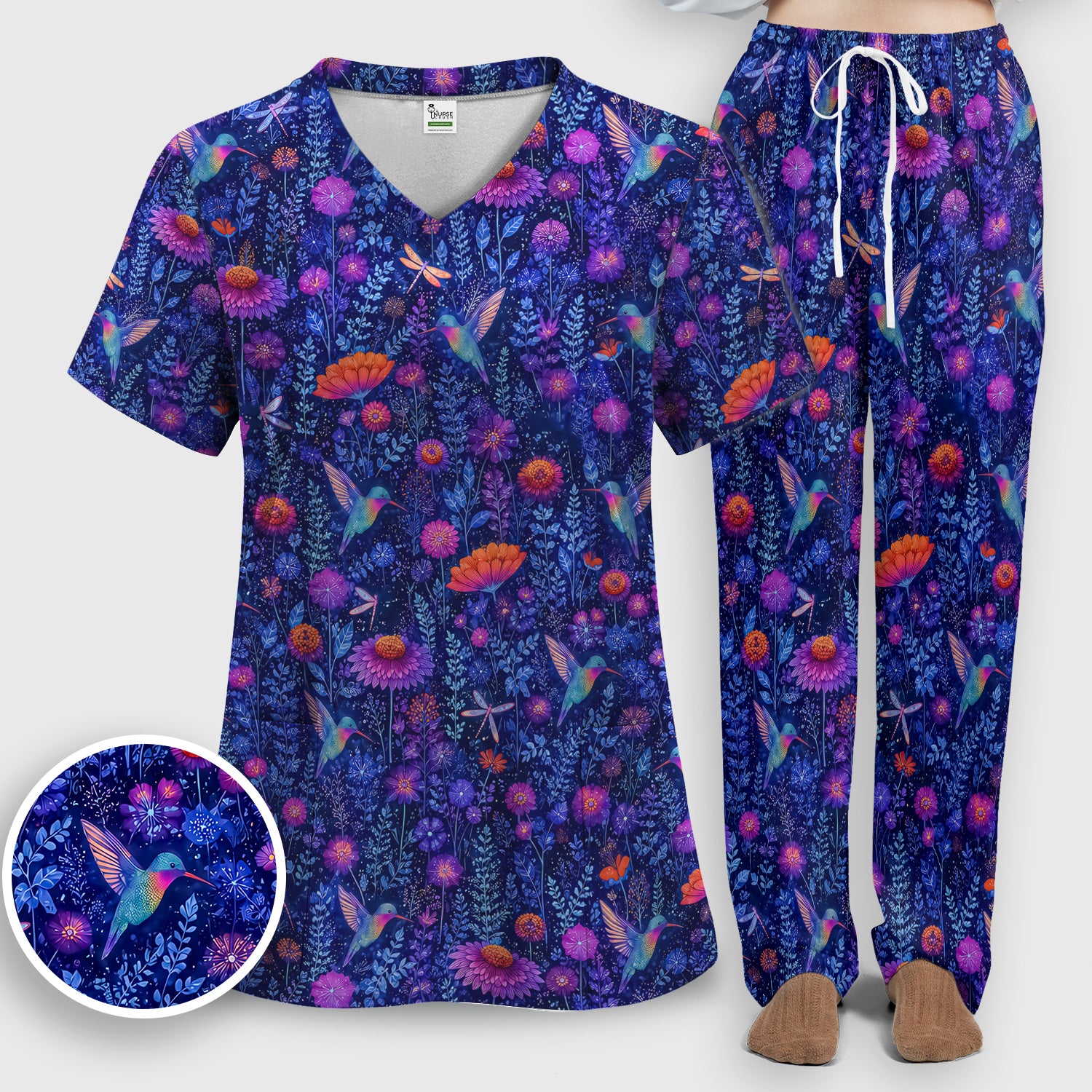 Enchanted Hummingbird Wildflower Garden Pattern Scrub Set, Scrub Pants and V Neck Top