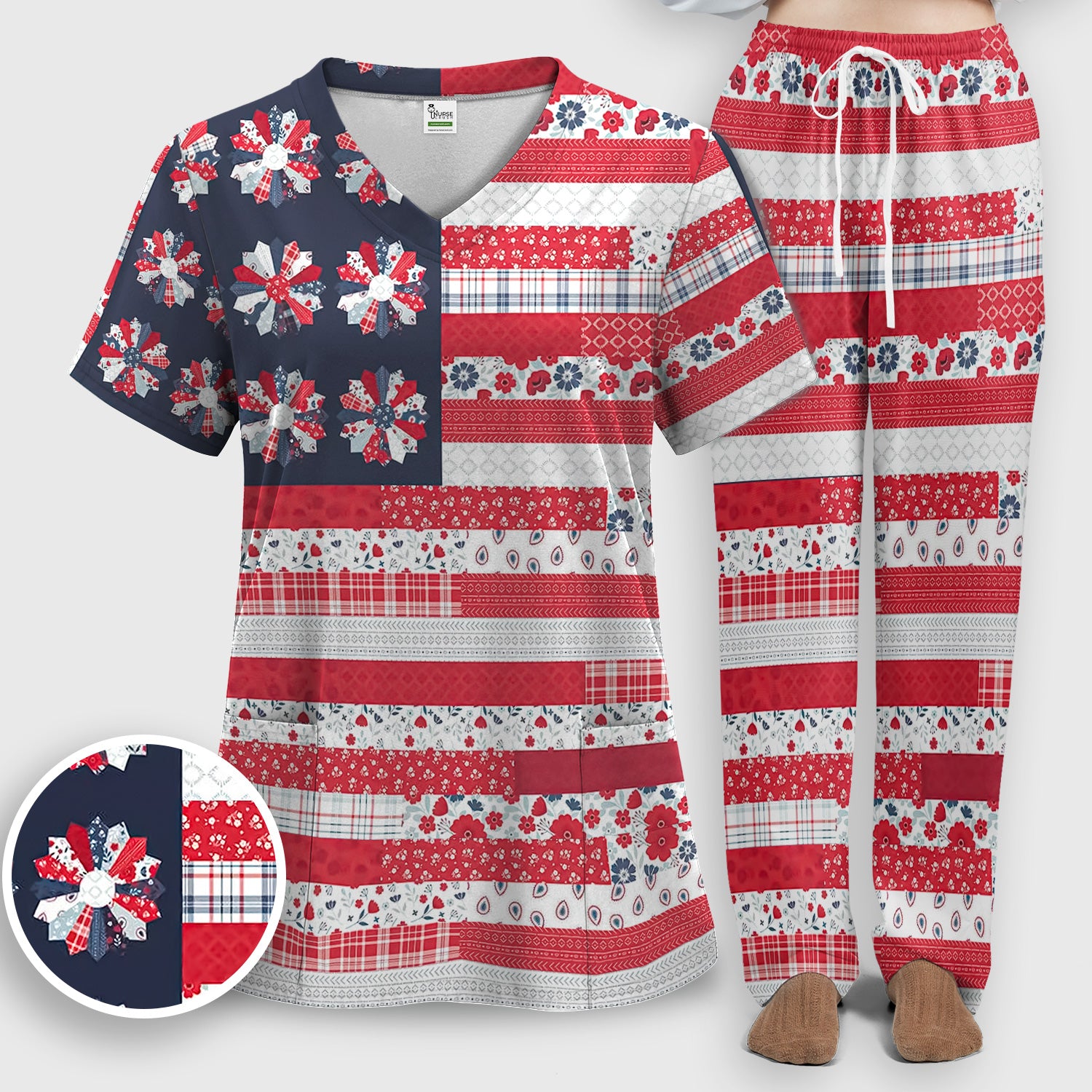 Patriotic Floral Flag Patchwork Pattern Scrub Set, Scrub Pants and V Neck Top