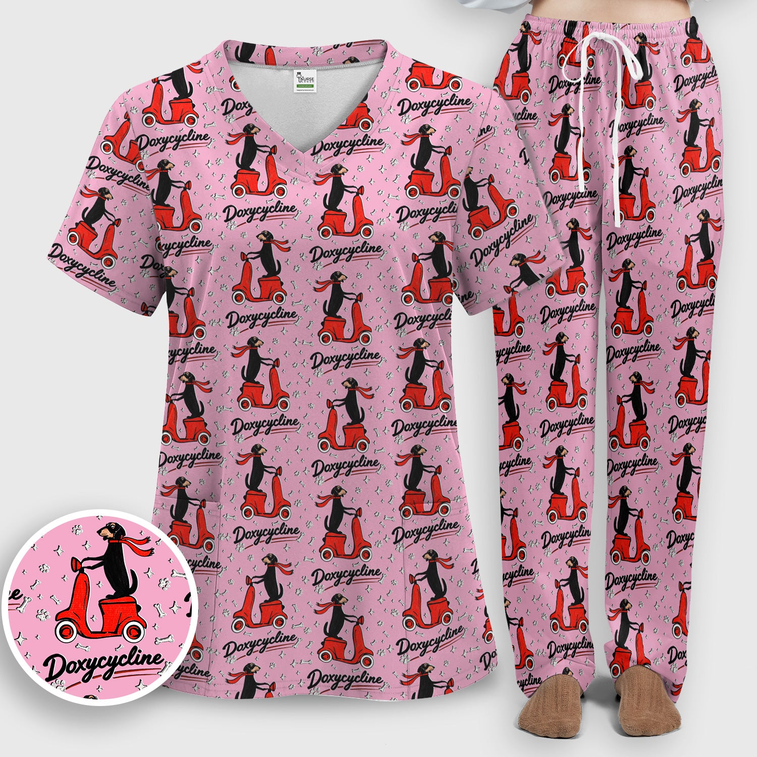 Funny Dachshund Riding Scooter Doxycycline Print Scrub Set, Breathable Med Uniform
