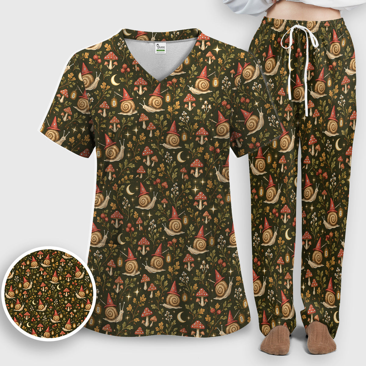 Halloween Witch Snails And Mushrooms Scrub Set, Scrub Pants and V Neck Top