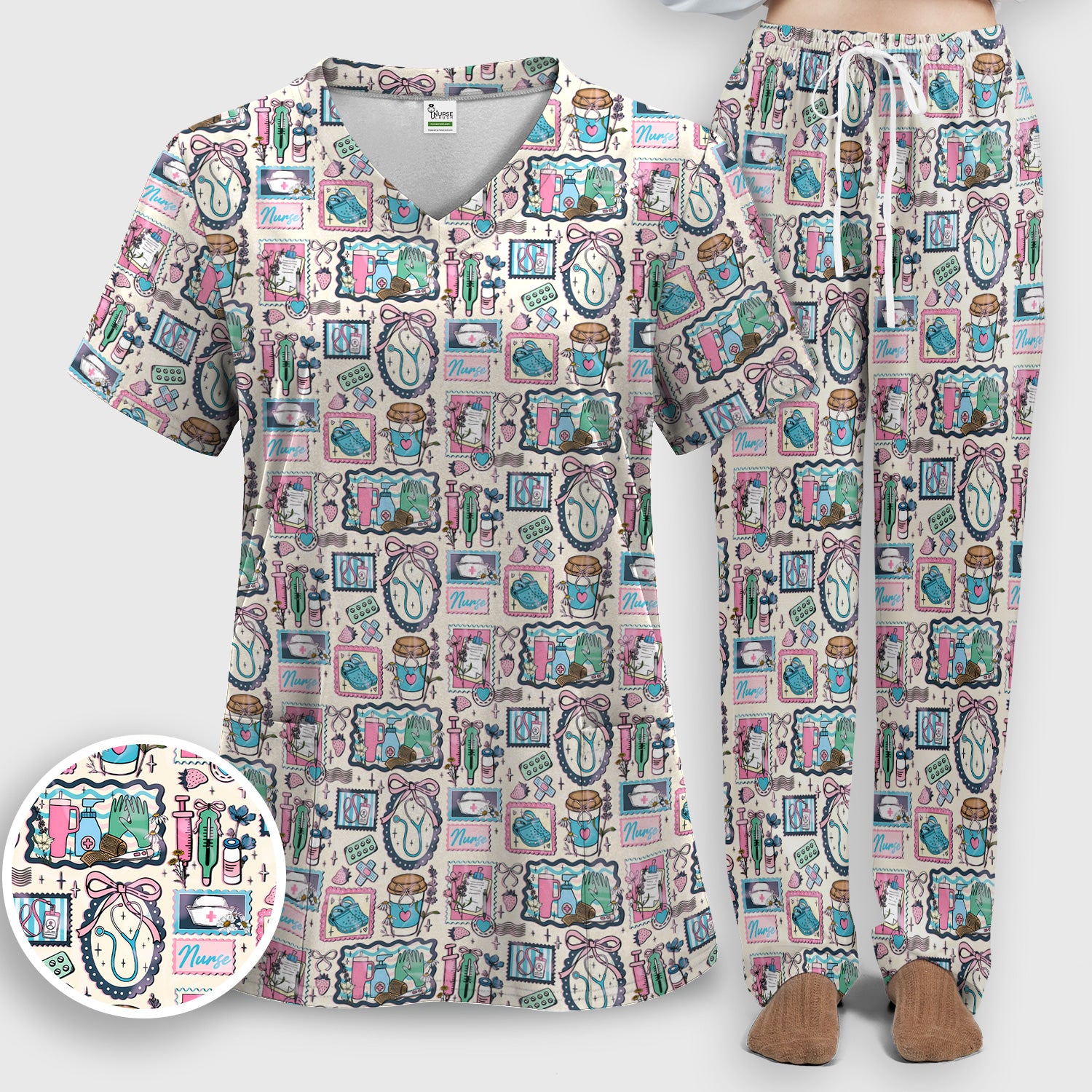 Medical Tools Stethoscope Syringe Frame Scrub Top, Breathable Fabrics Nursing Uniform