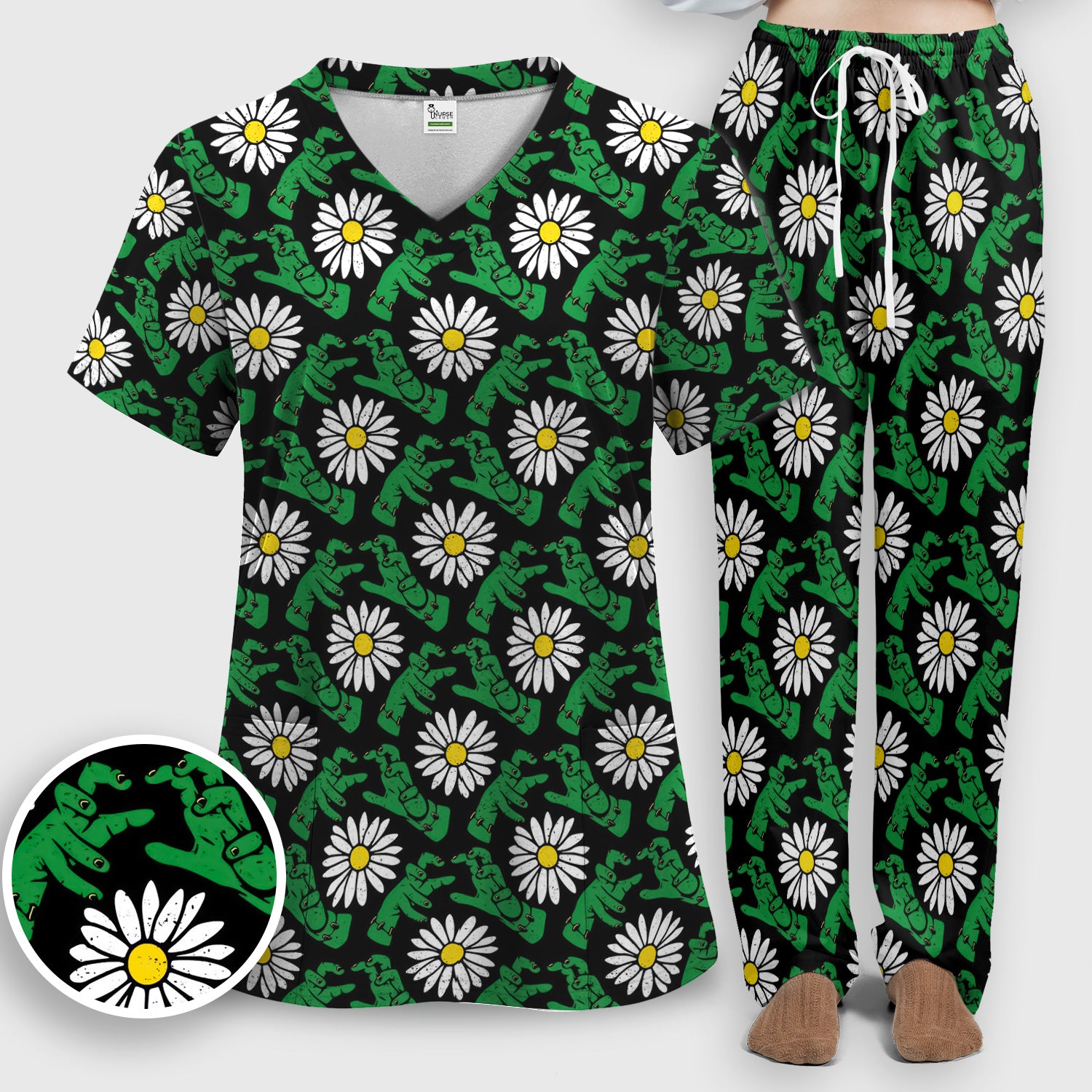 Halloween Monster And Daisies Scrub Set, Scrub Pants and V Neck Top
