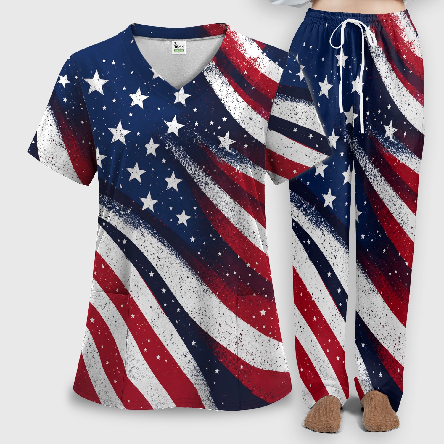 Festive American Flag Stars Pattern Scrub Set, Scrub Pants and V Neck Top