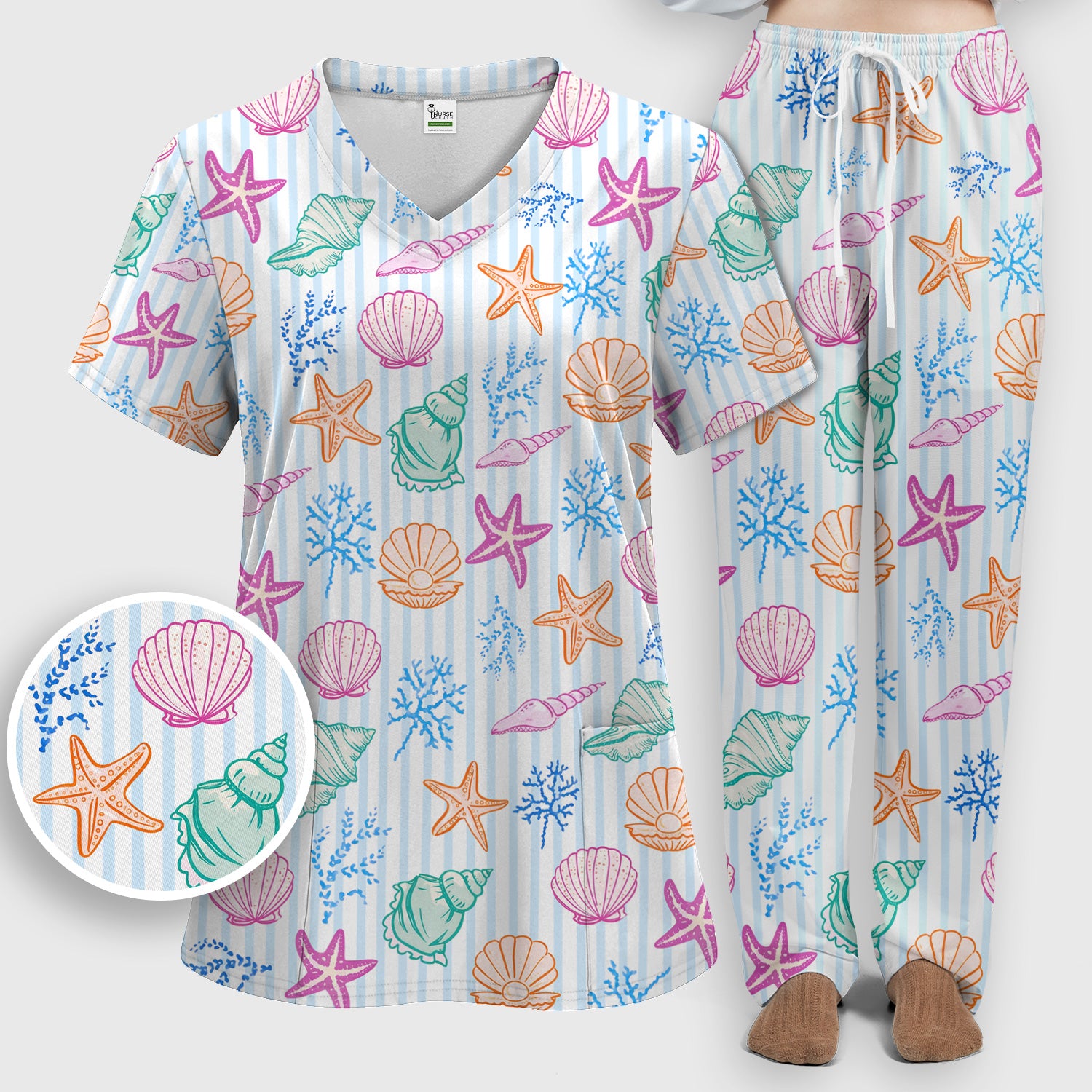 Colorful Seashell Starfish Ocean Stripe Pattern Scrub Set, Women's Scrub Sets