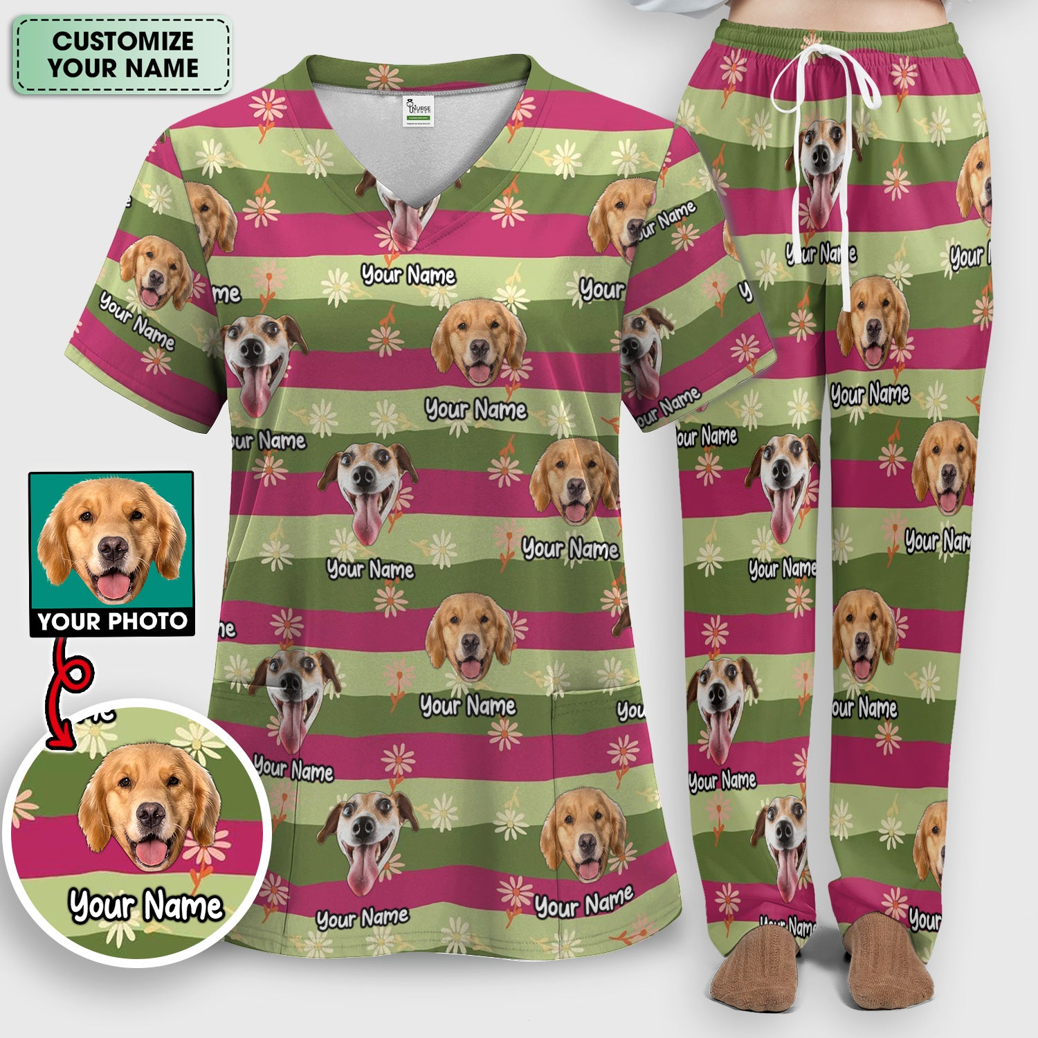 Personalized Floral Dog Portrait With Spring Stripes Pattern Scrub Set, Scrub Pants and V Neck Top