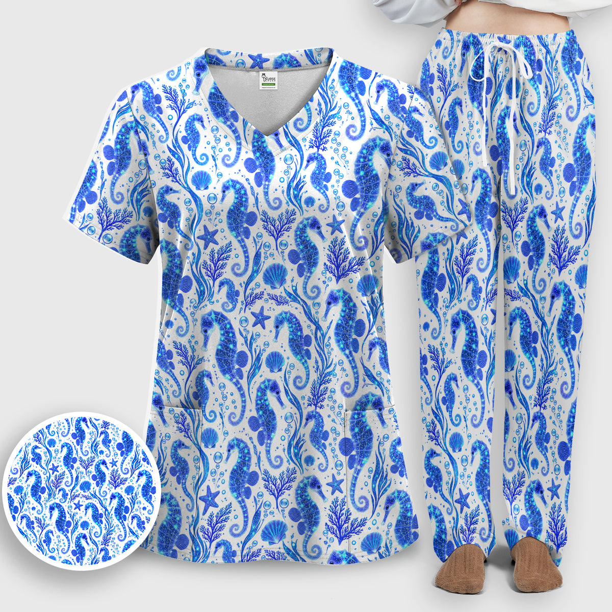 Blue Ocean Seahorse Pattern Scrub Set, Scrub Pants and V Neck Top