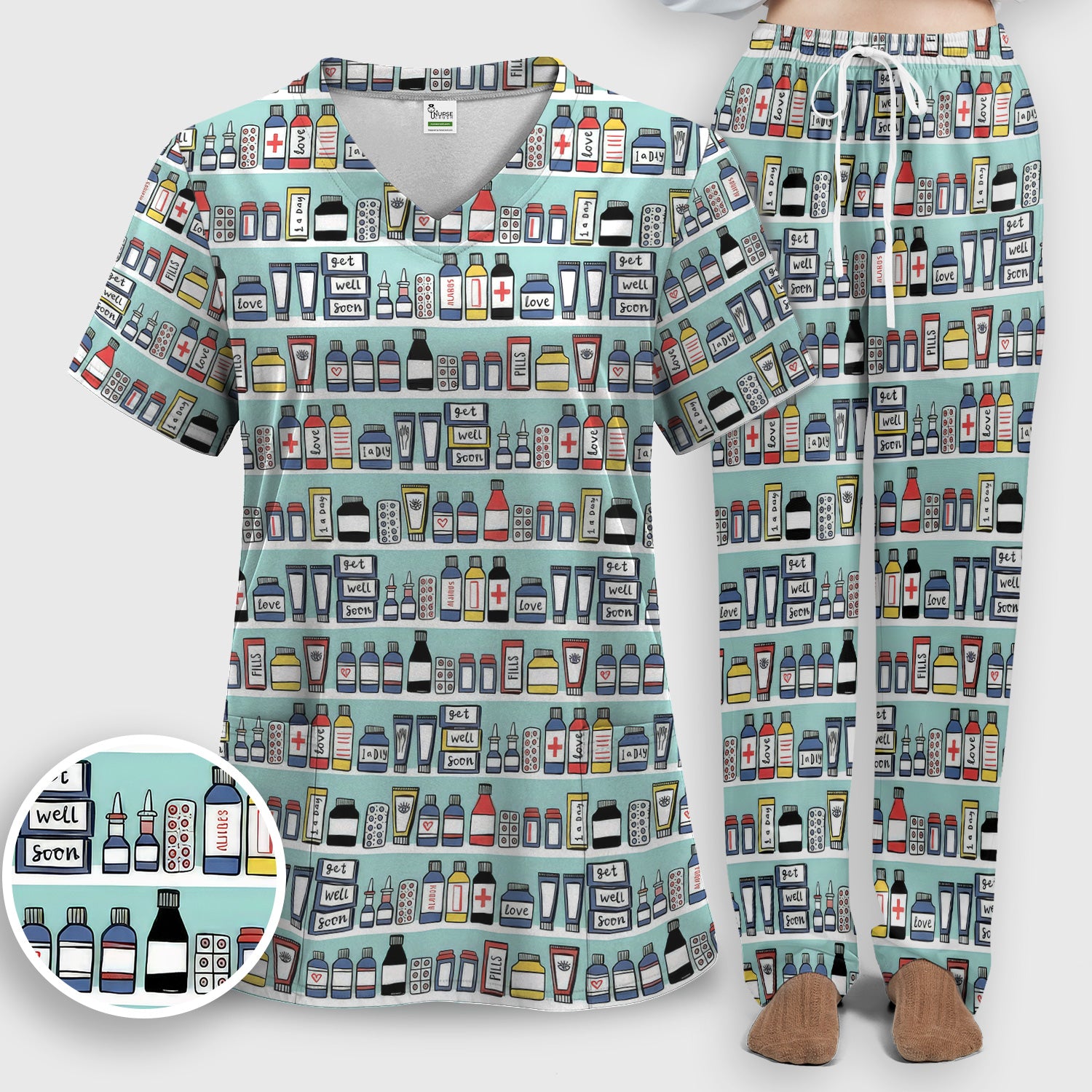Medicine Bottle Pharmacy Pills Care Pattern Scrub Set, Scrub Pants and V Neck Top