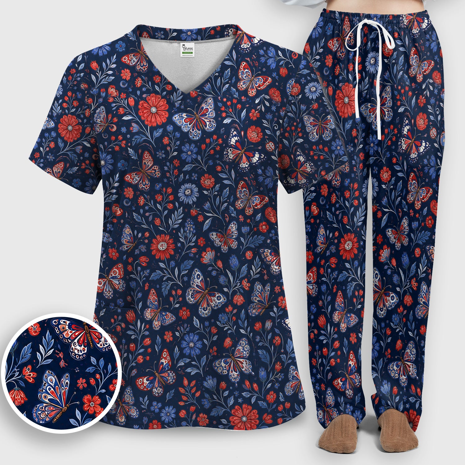 Patriotic Floral Butterfly Pattern Scrub Set, Scrub Pants and V Neck Top