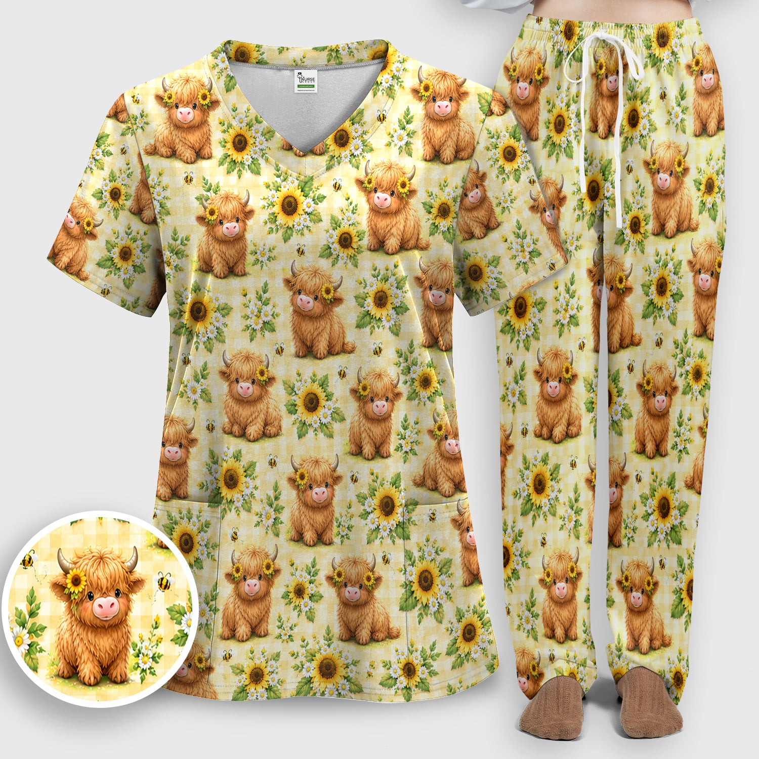 Sunflower Highland Cow And Bee Pattern Scrub Set, Scrub Pants and V Neck Top