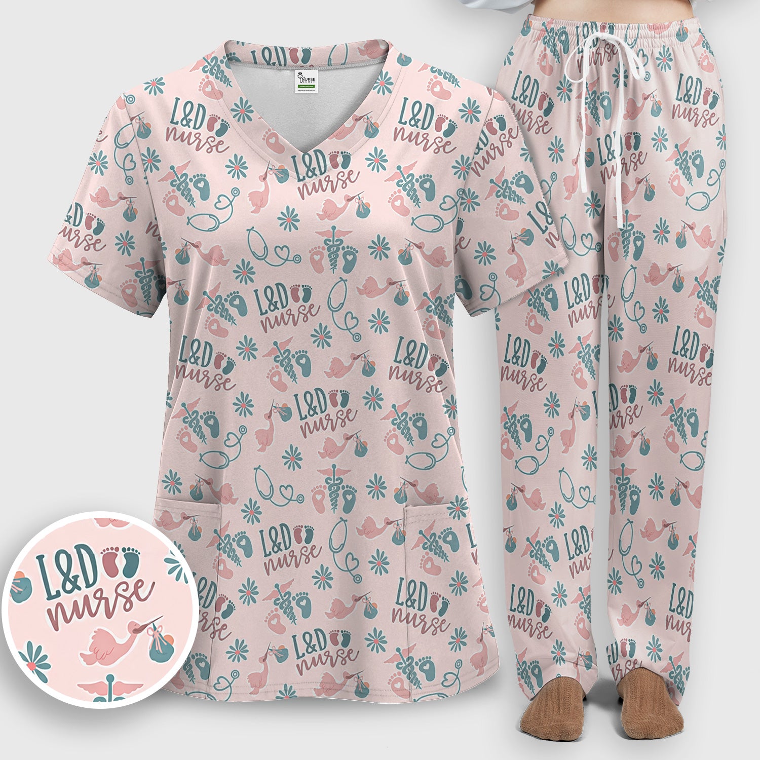 Cute Labor and Delivery Print V Neck Medical Scrub Set Maternity Uniform