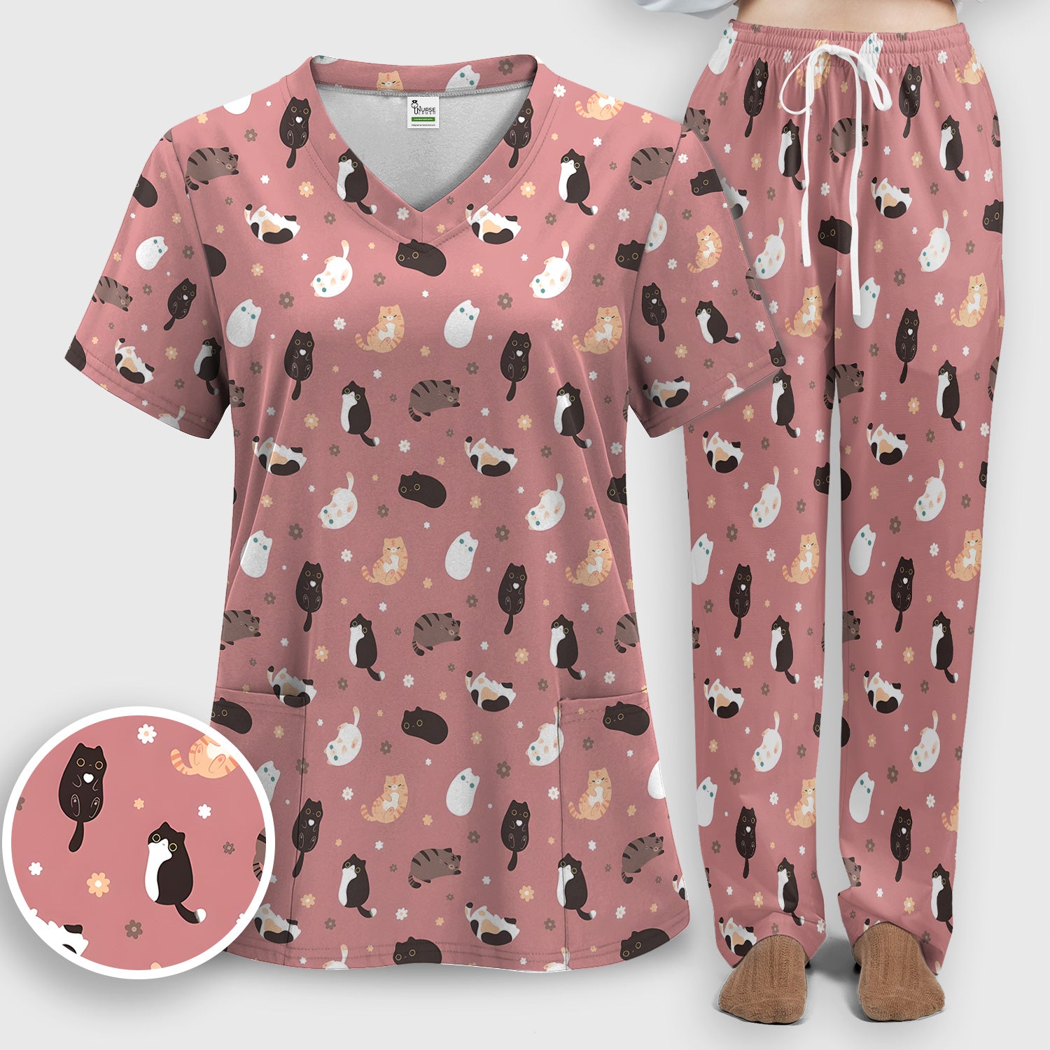 Adorable Kitty Nurse Pattern Scrub Set, Scrub Pants and V Neck Top