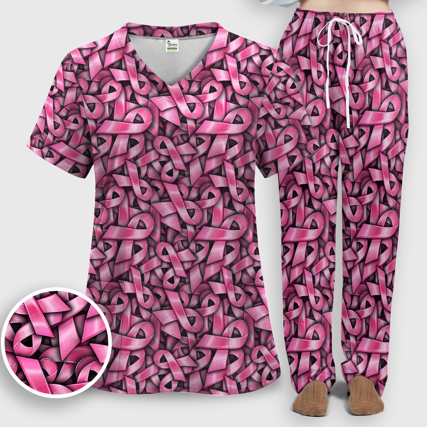 Breast Cancer Awareness Ribbon Oncology Scrub Set, Scrub Pants and V Neck Top
