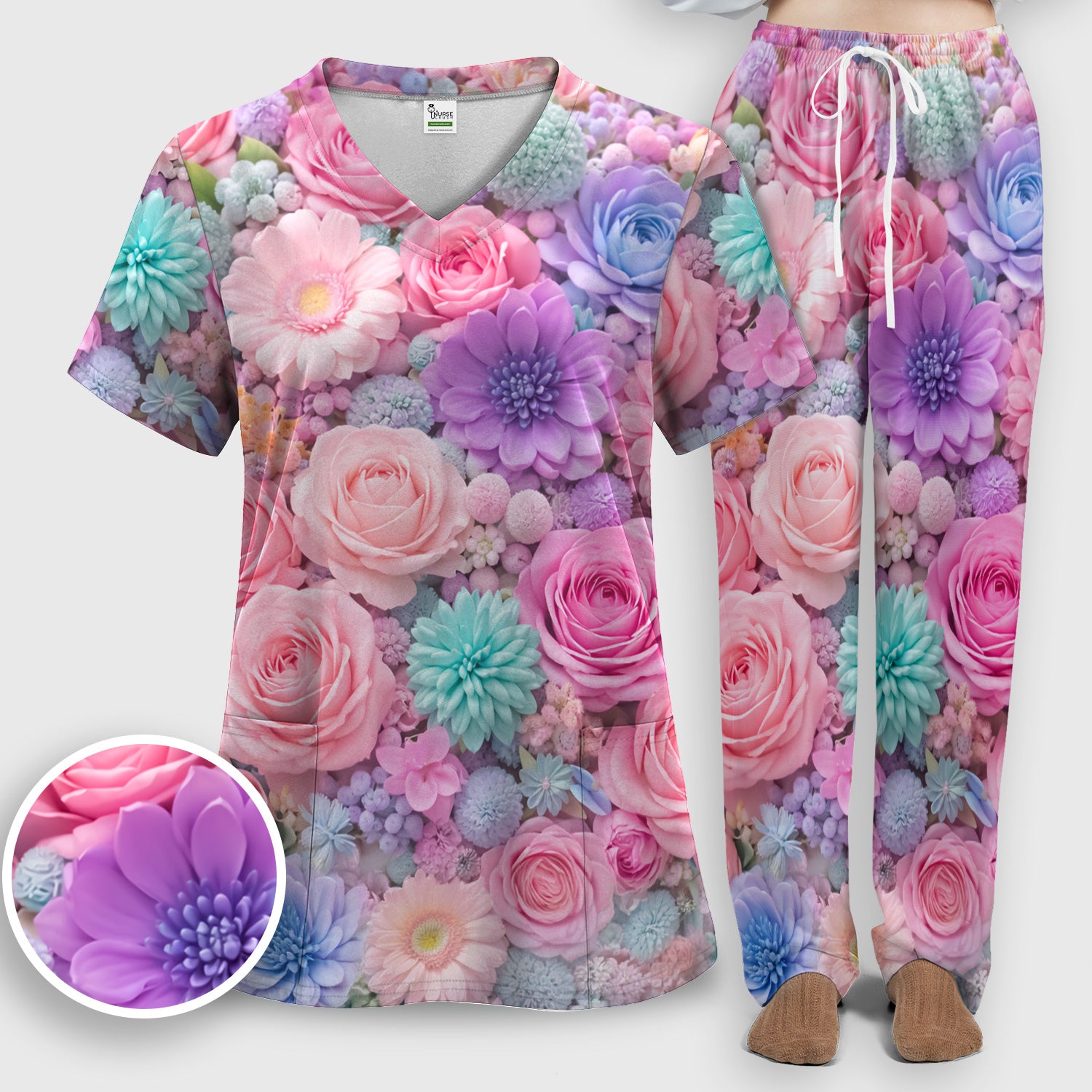 Pastel Floral Dream Scrub Set, Pink Rose Candy Color Nursing Uniform Set, V-Neck Top & Pants