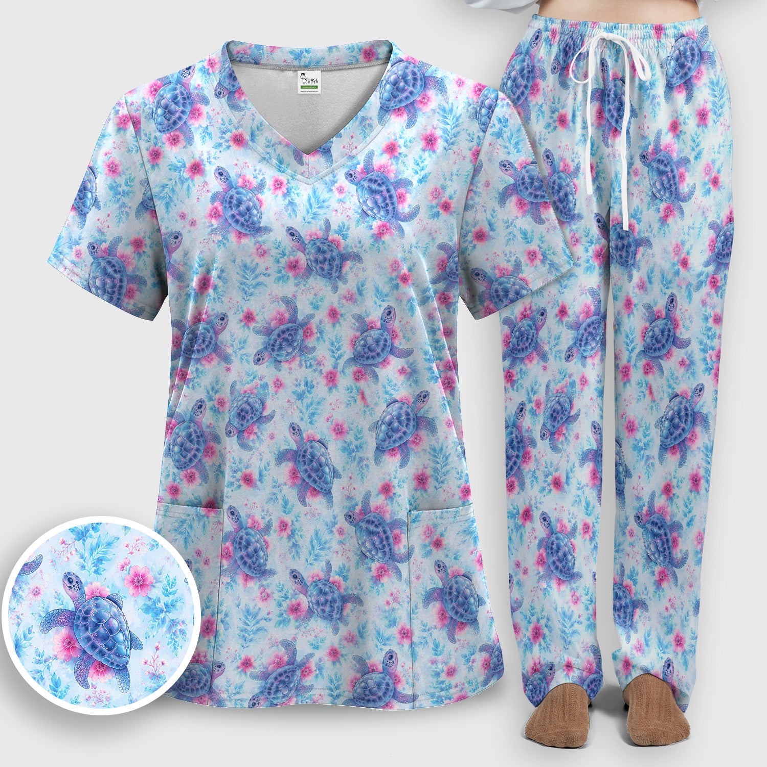 Cute Sea Turtle Floral Print Scrub Set, Scrub Pants and V Neck Top