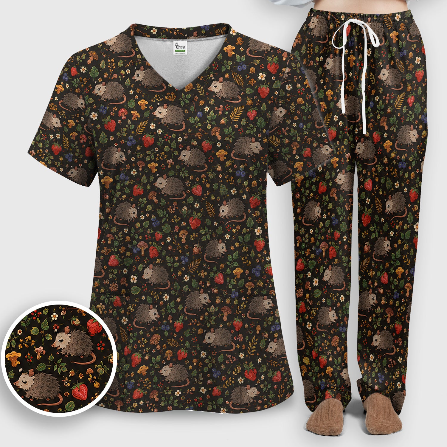 Woodland Opossum Berry Mushroom Pattern Scrub Set, Scrub Pants and V Neck Top