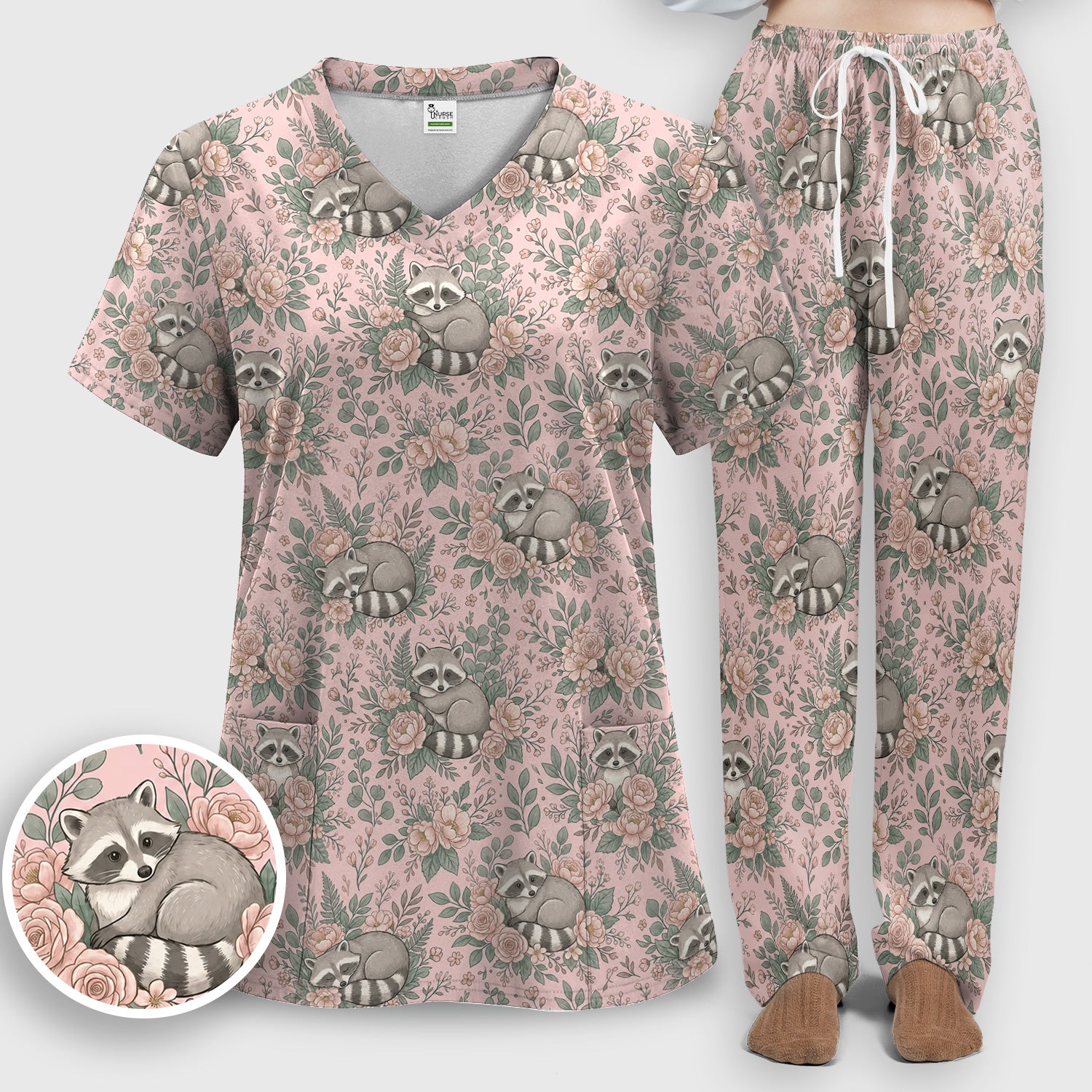Sleeping Raccoon Rose Garden Pattern Scrub Set, Scrub Pants and V Neck Top