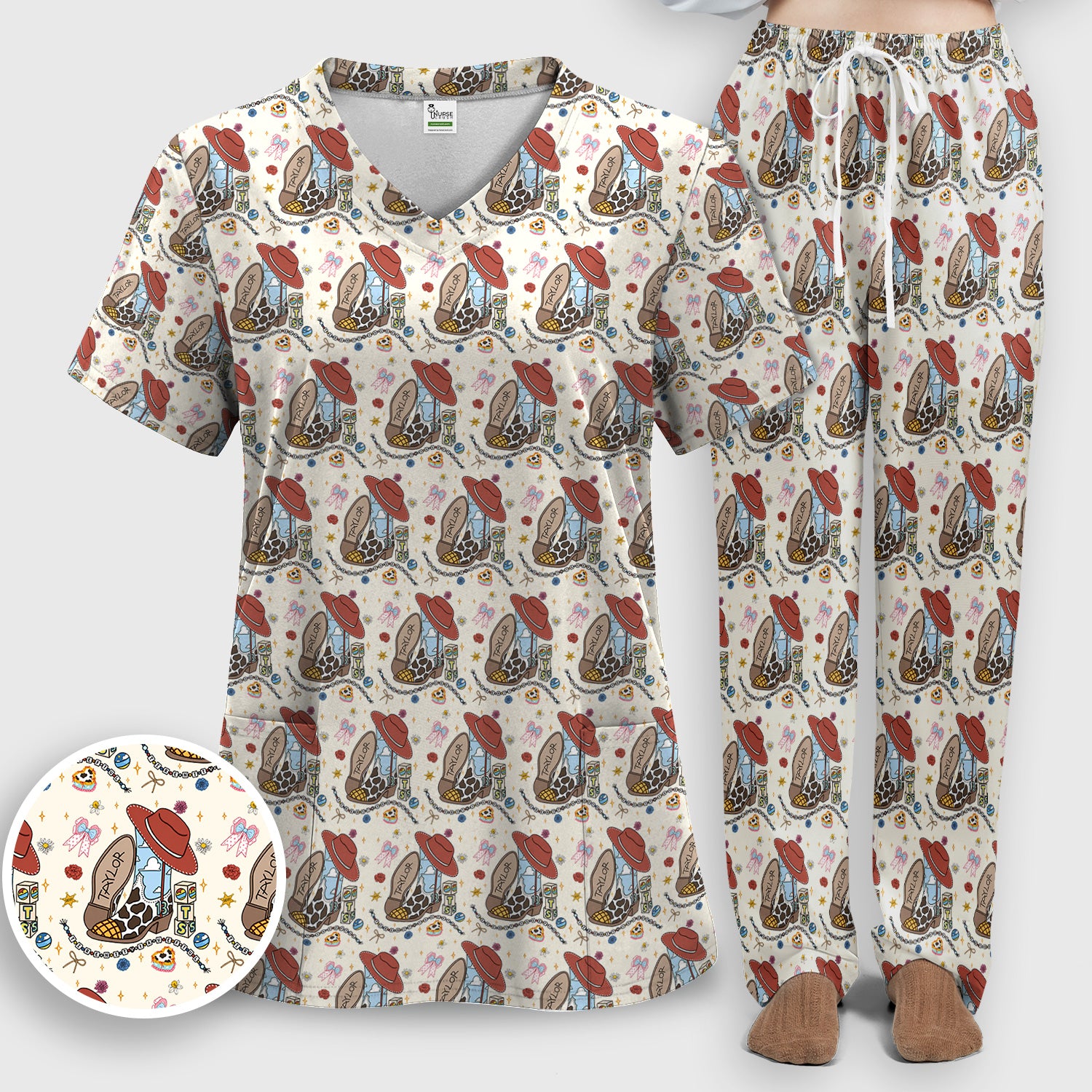 Western Cowgirl Country Medical Pattern Scrub Set, Scrub Pants and V Neck Top