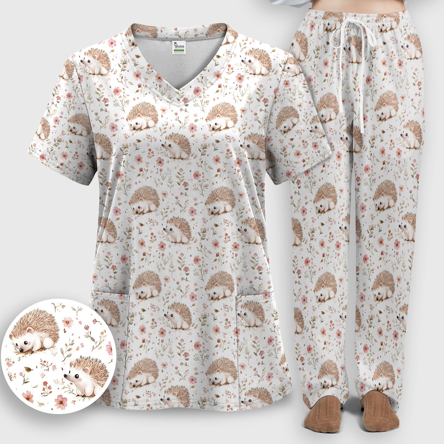 Cute Hedgehog Wildflower Garden Pattern Scrub Set, Scrub Pants and V Neck Top