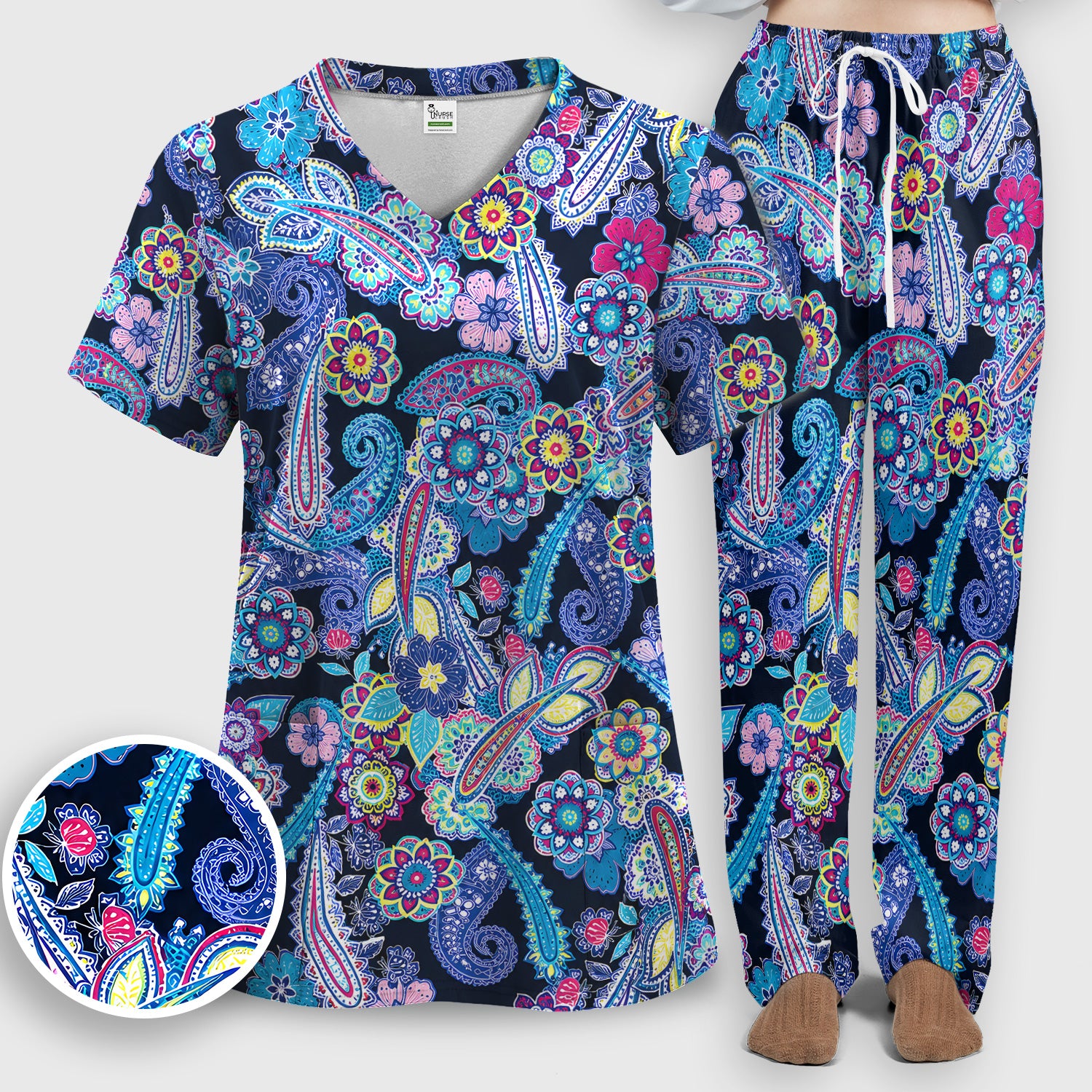 Vibrant Paisley Floral Pattern Scrub Set, Scrub Pants and V Neck Top