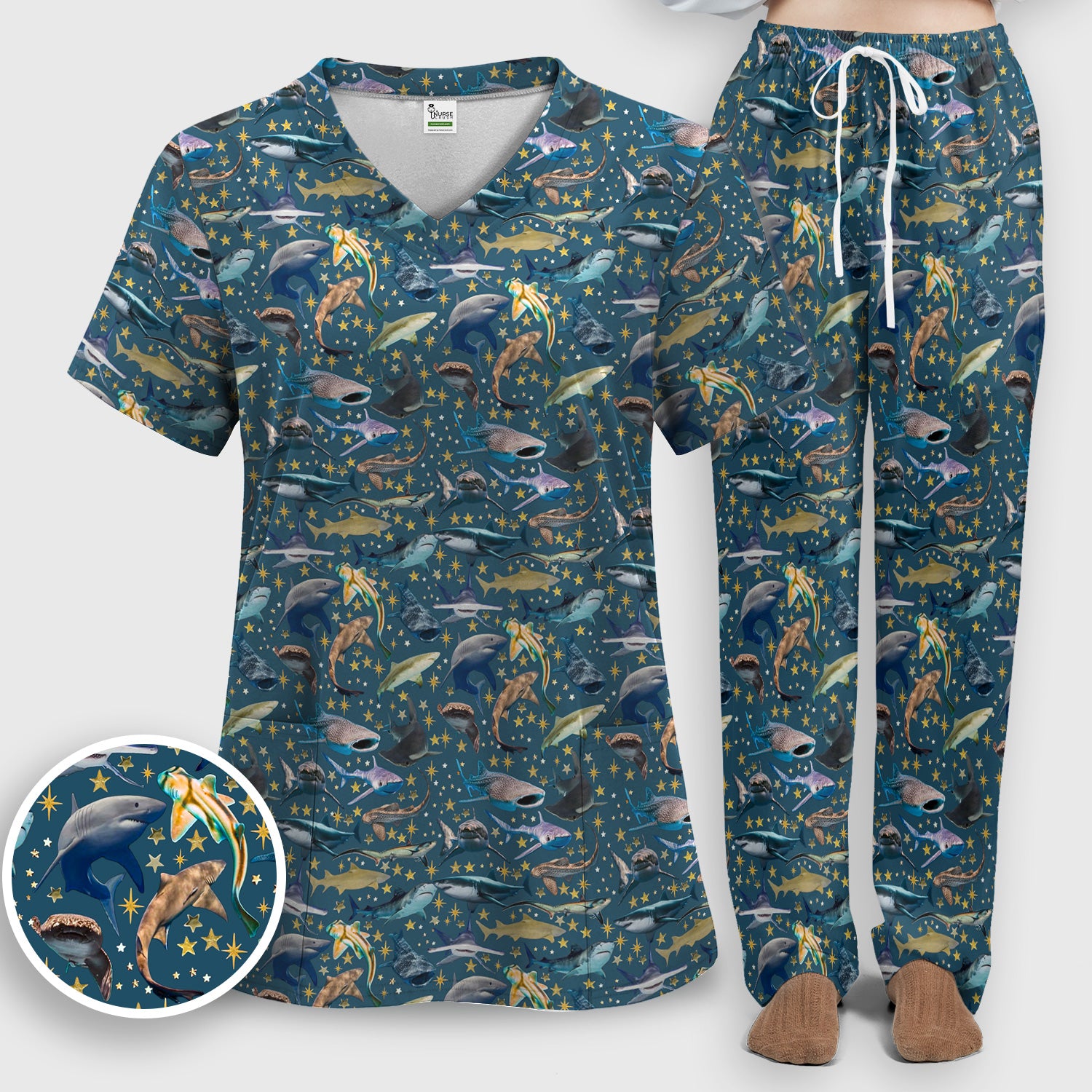 Colorful Shark Ocean Pattern Scrub Set, Women's Scrub Sets