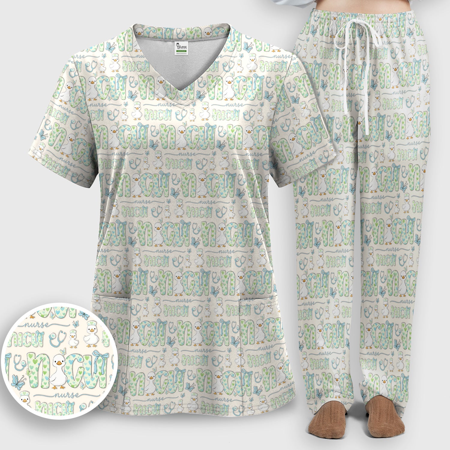 NICU Nurse Duck Pattern Scrub Set, Scrub Pants and V Neck Top