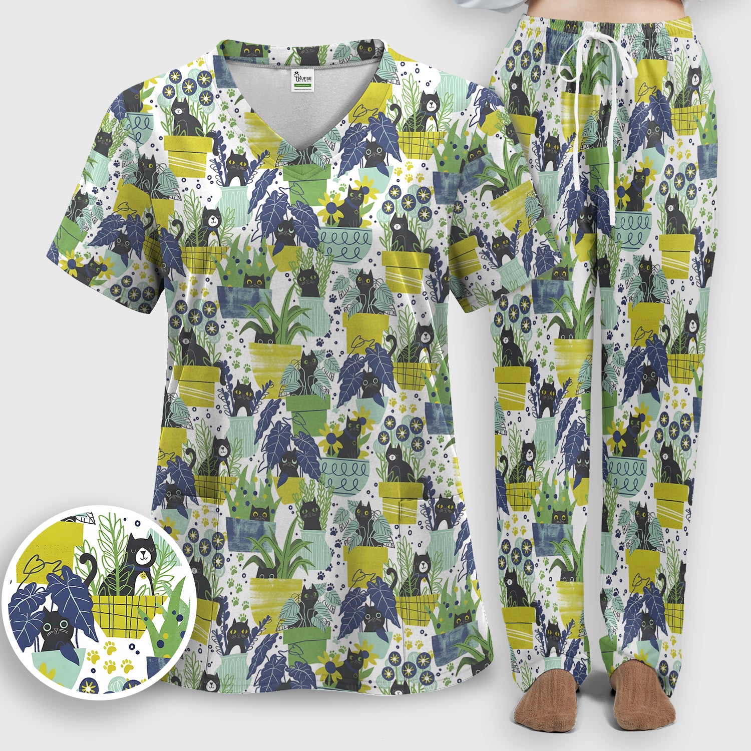 Black Cat Planter Garden Pattern Scrub Set, Scrub Pants and V Neck Top