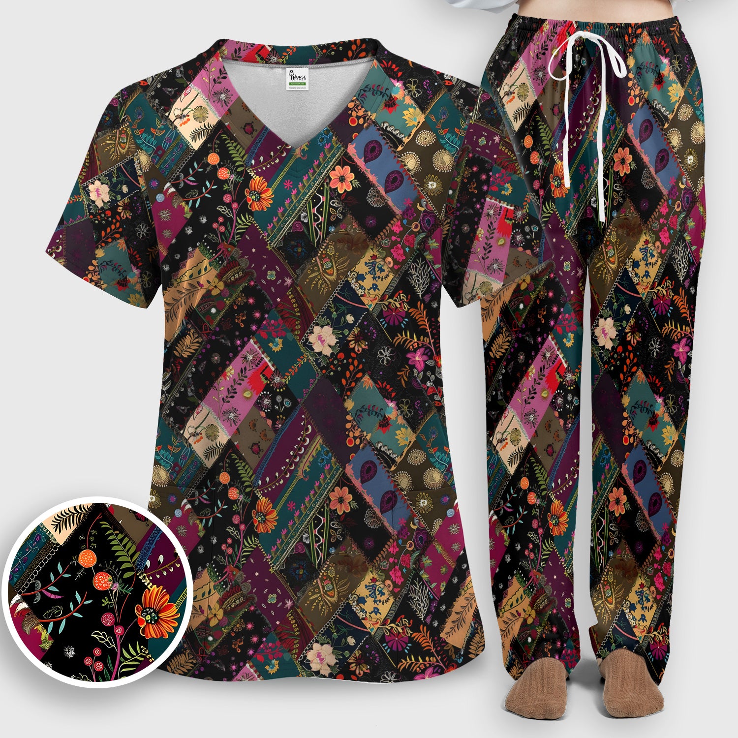 Colorful Bohemian Floral Patchwork Scrub Set, Scrub Pants and V Neck Top