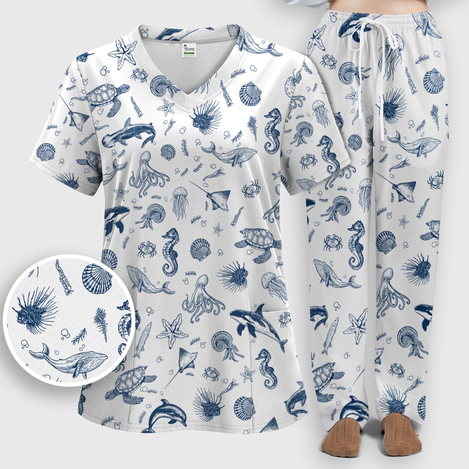 Marine Sea Life Pattern Scrub Set, Women's Scrub Sets