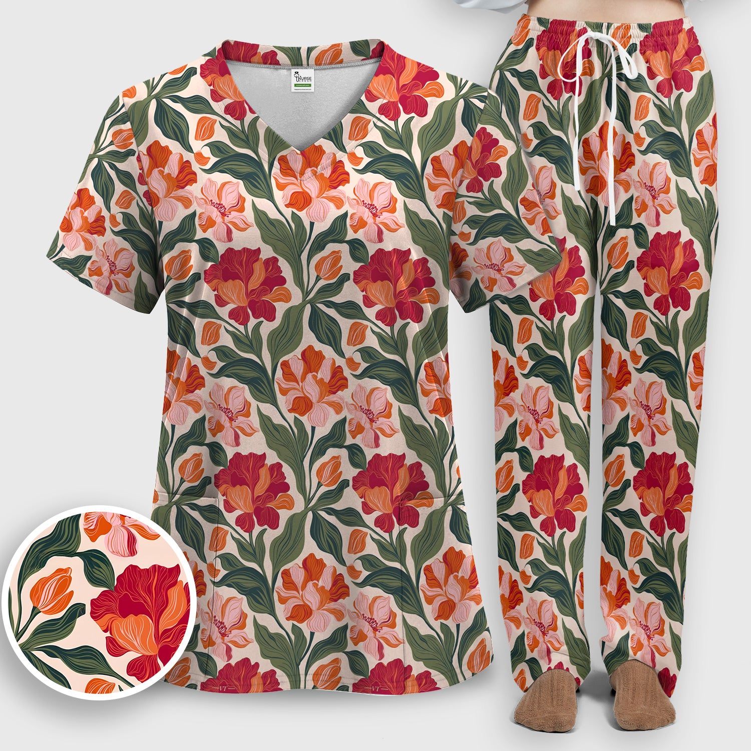 Pretty Tropical Floral Print Scrub Set, Scrub Pants and V Neck Top