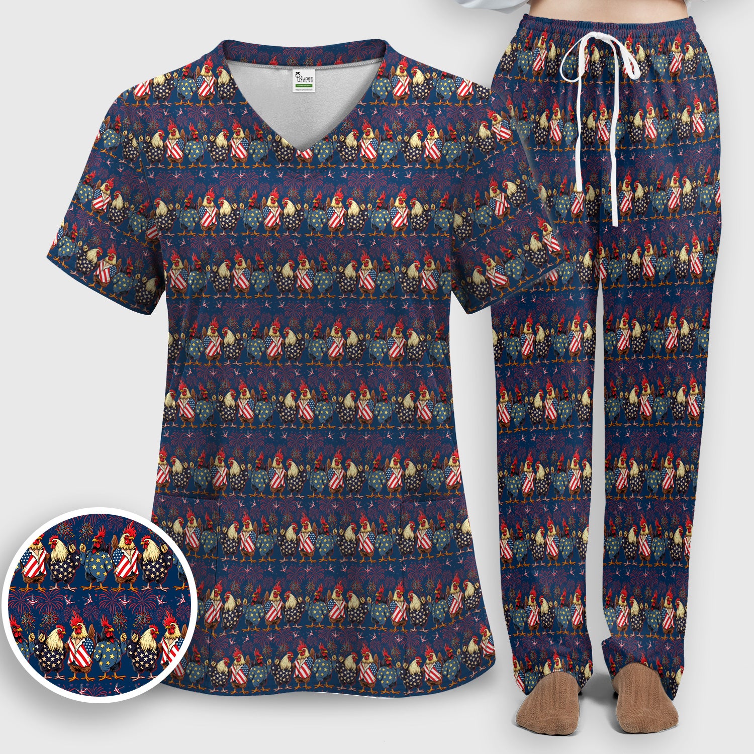 Patriotic Rooster Fireworks Pattern Scrub Set, Scrub Pants and V Neck Top