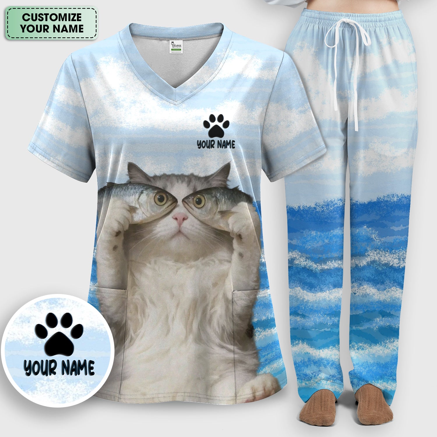 Personalized Cat Holding Fish Pattern Nurse Scrub Set, Scrub Pants and V Neck Top