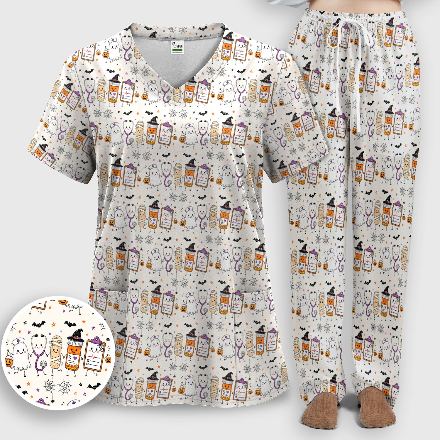 Halloween Medical Characters Print Scrub Set, Scrub Pants and V Neck Top