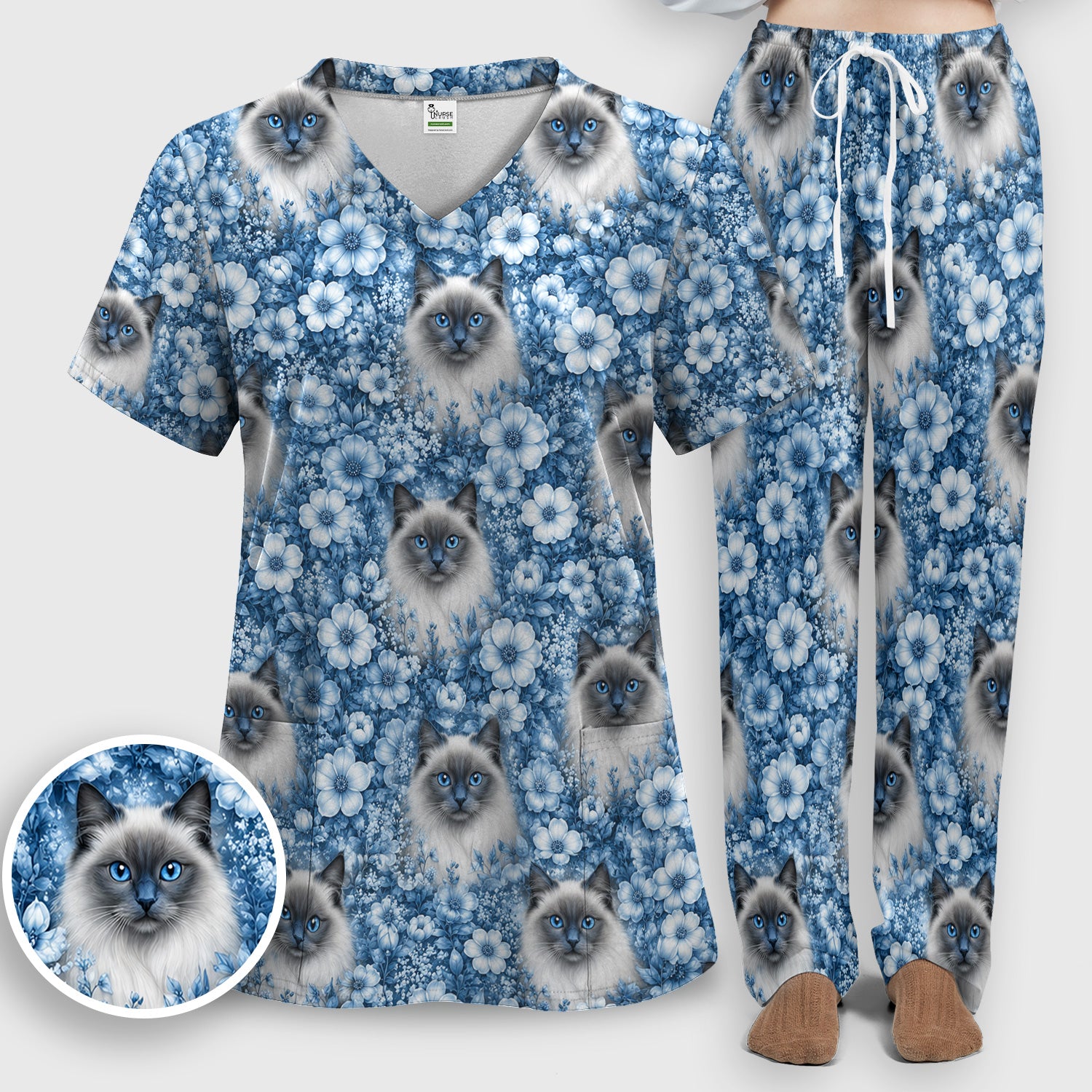 Blue Floral Ragdoll Cat Pattern Scrub Set, Scrub Pants and V Neck Top