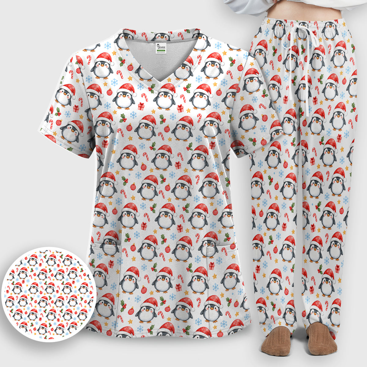 Christmas Penguins In Santa Hats Scrub Set, Scrub Pants and V Neck Top