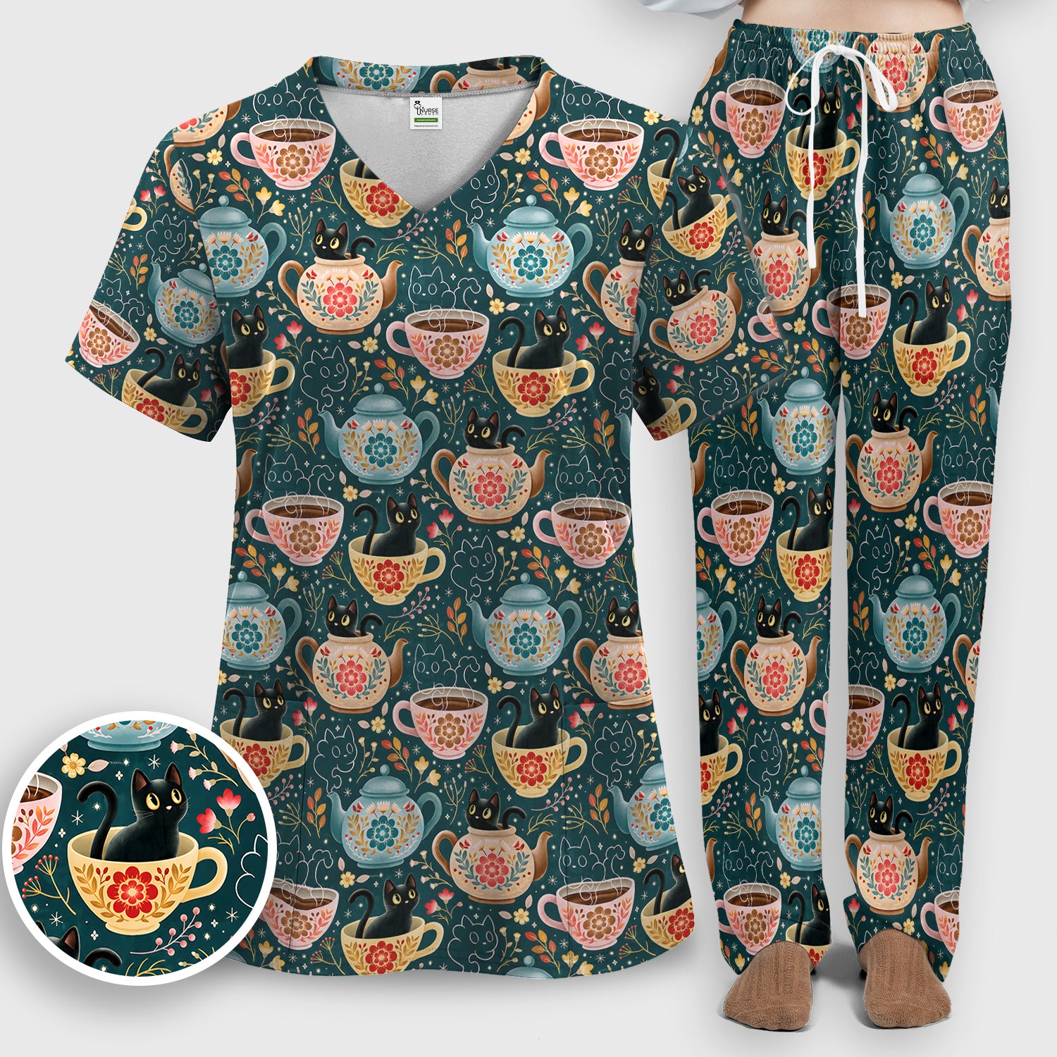 Black Cat Tea Party Veterinary Pattern Scrub Set, Scrub Pants and V Neck Top