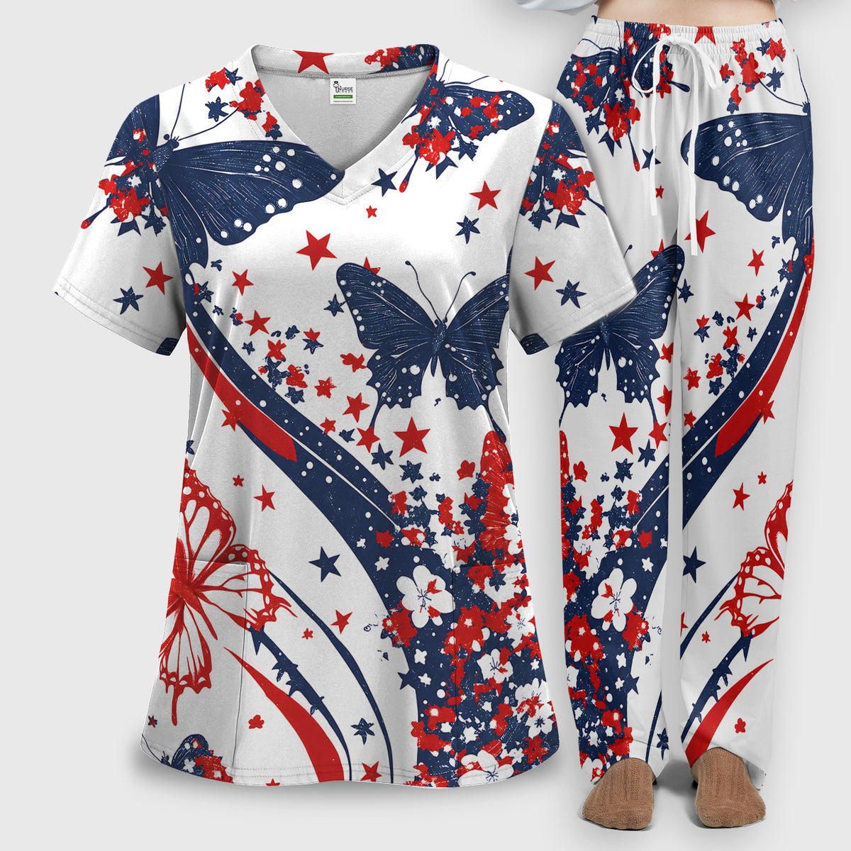 Patriotic Butterfly with Red White Blue Stars Scrub Set, Scrub Pants and V Neck Top