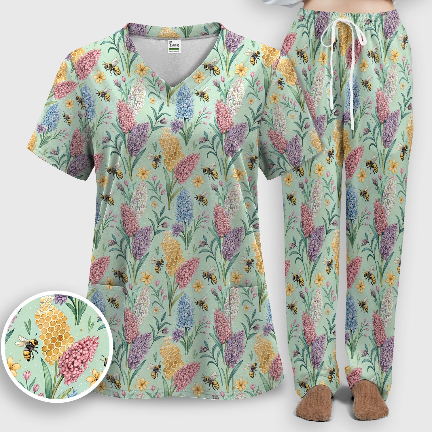 Pastel Wildflower Honeybee Pattern Scrub Set, Scrub Pants and V Neck Top