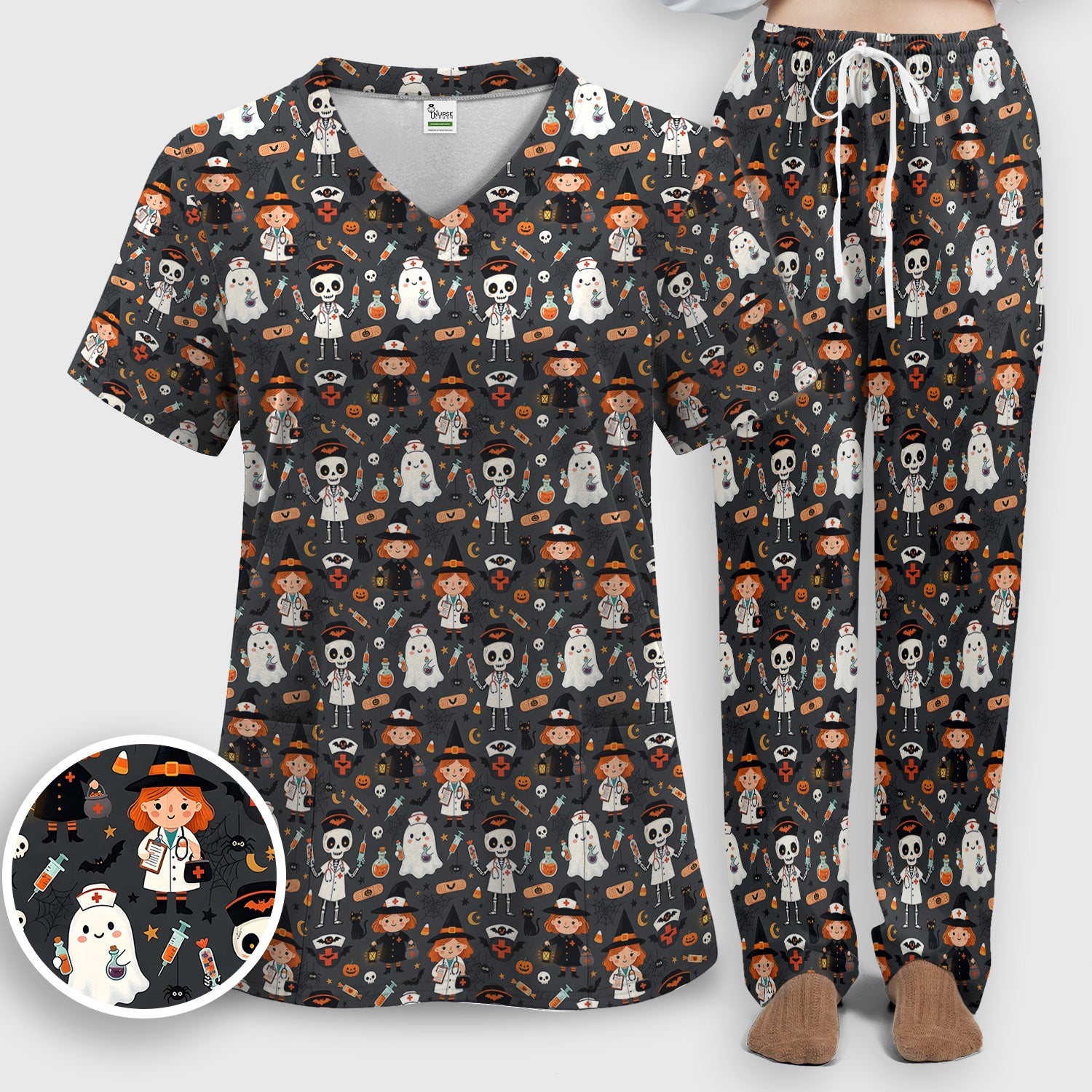 Halloween Witch And Skeleton Nurse Scrub Set, Scrub Pants and V Neck Top
