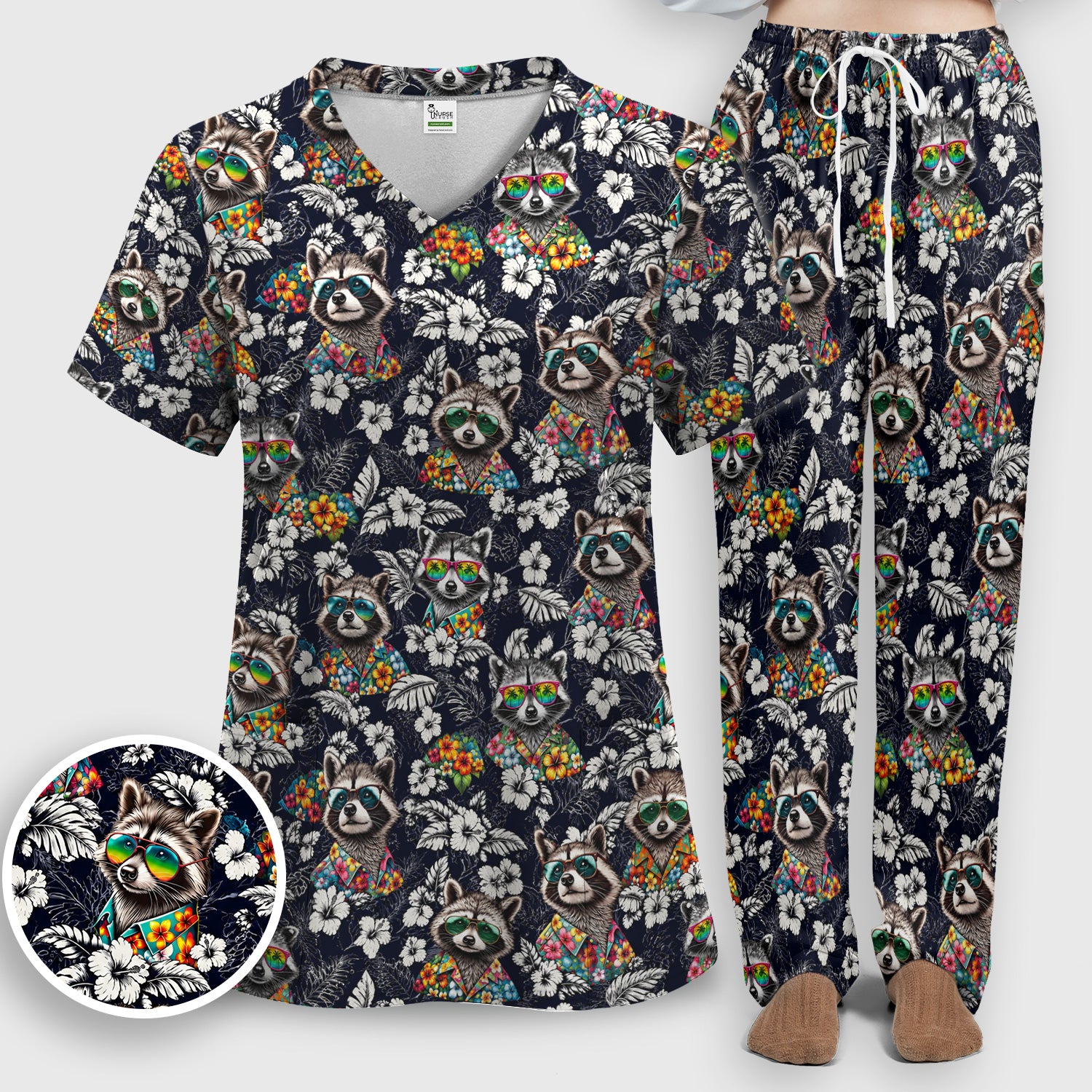 Tropical Raccoon Floral Pattern Scrub Set, Scrub Pants and V Neck Top