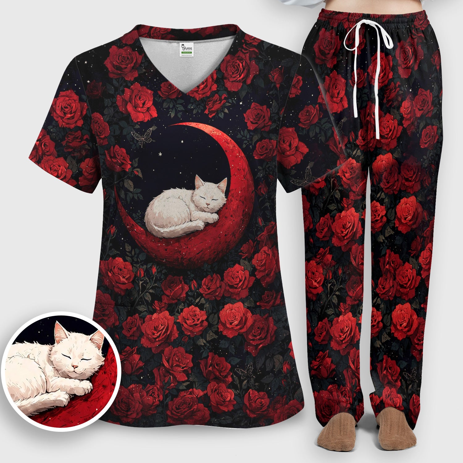 Gothic Red Moon Cat Nurse for Veterinary Staff, RN, CNA, Rose Medical Scrub Set, Scrub Pants and V Neck Top
