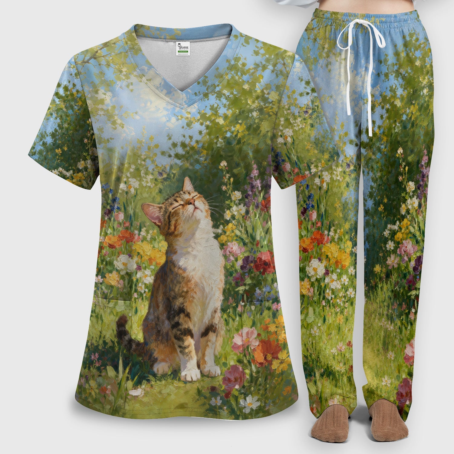 Whimsical Garden Cat Blossom Pattern Scrub Set, Scrub Pants and V Neck Top