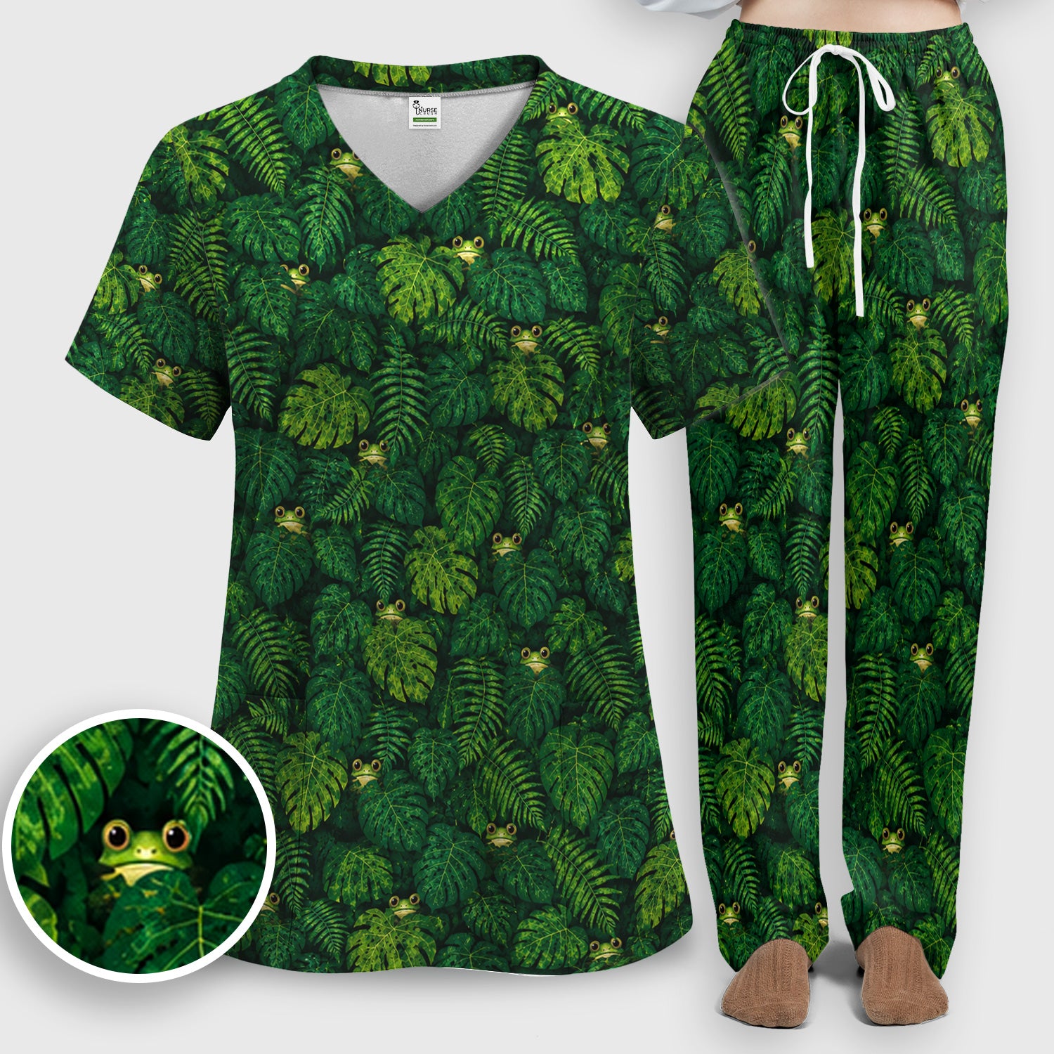 Cute Hidden Frog Jungle Pattern Scrub Set, Scrub Pants and V Neck Top
