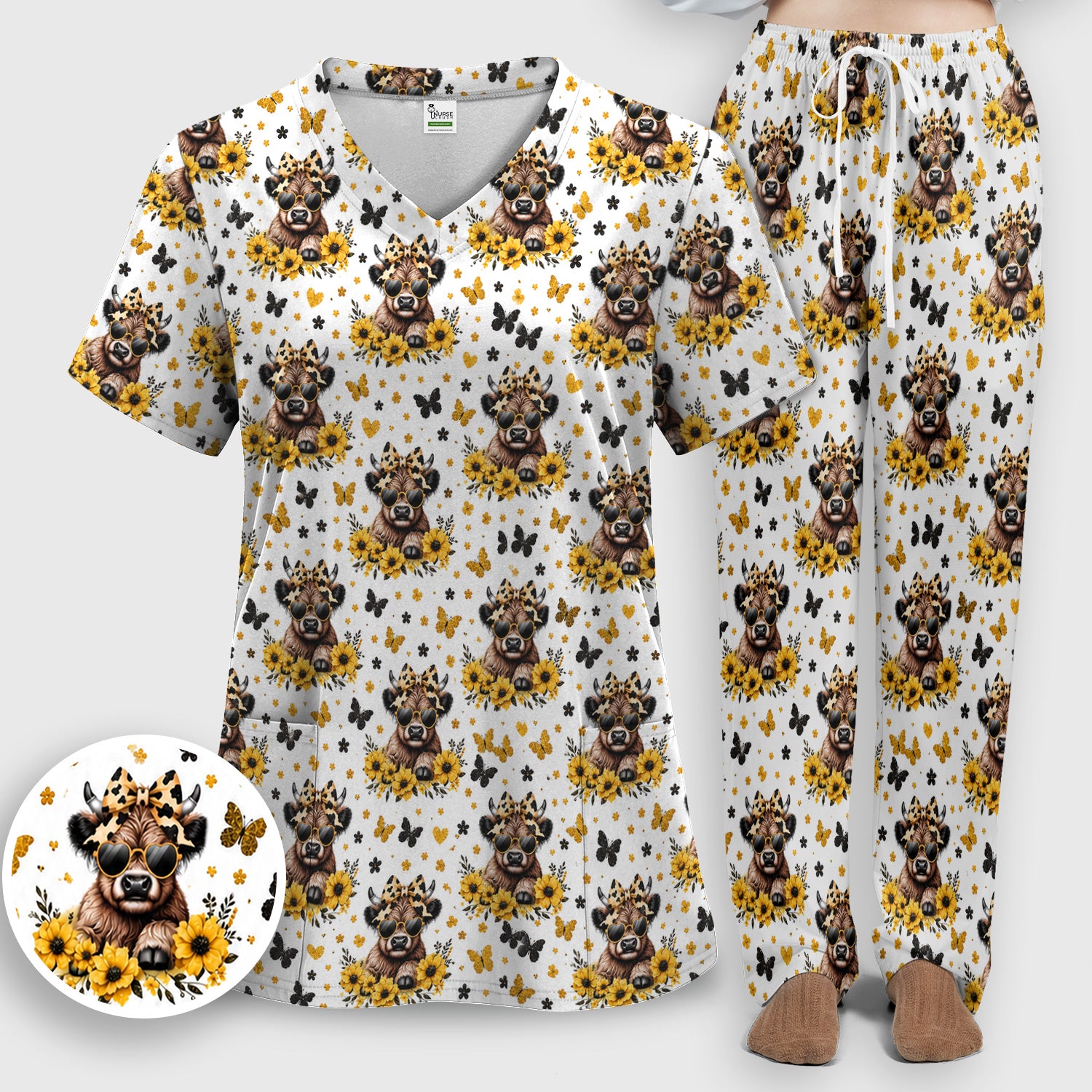 Cow With Sunflower Bow Pattern Scrub Set, Scrub Pants and V Neck Top