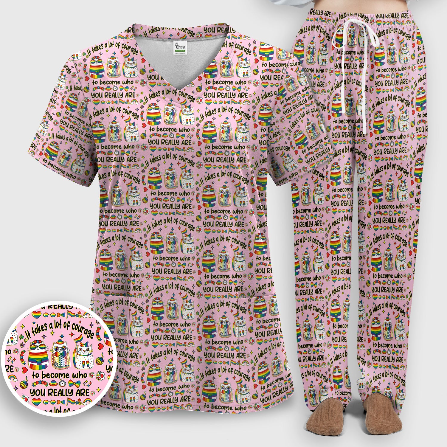 Inspirational Nurse Rainbow Cat Courage Quote Pattern Scrub Top, Breathable Fabrics Nursing Uniform