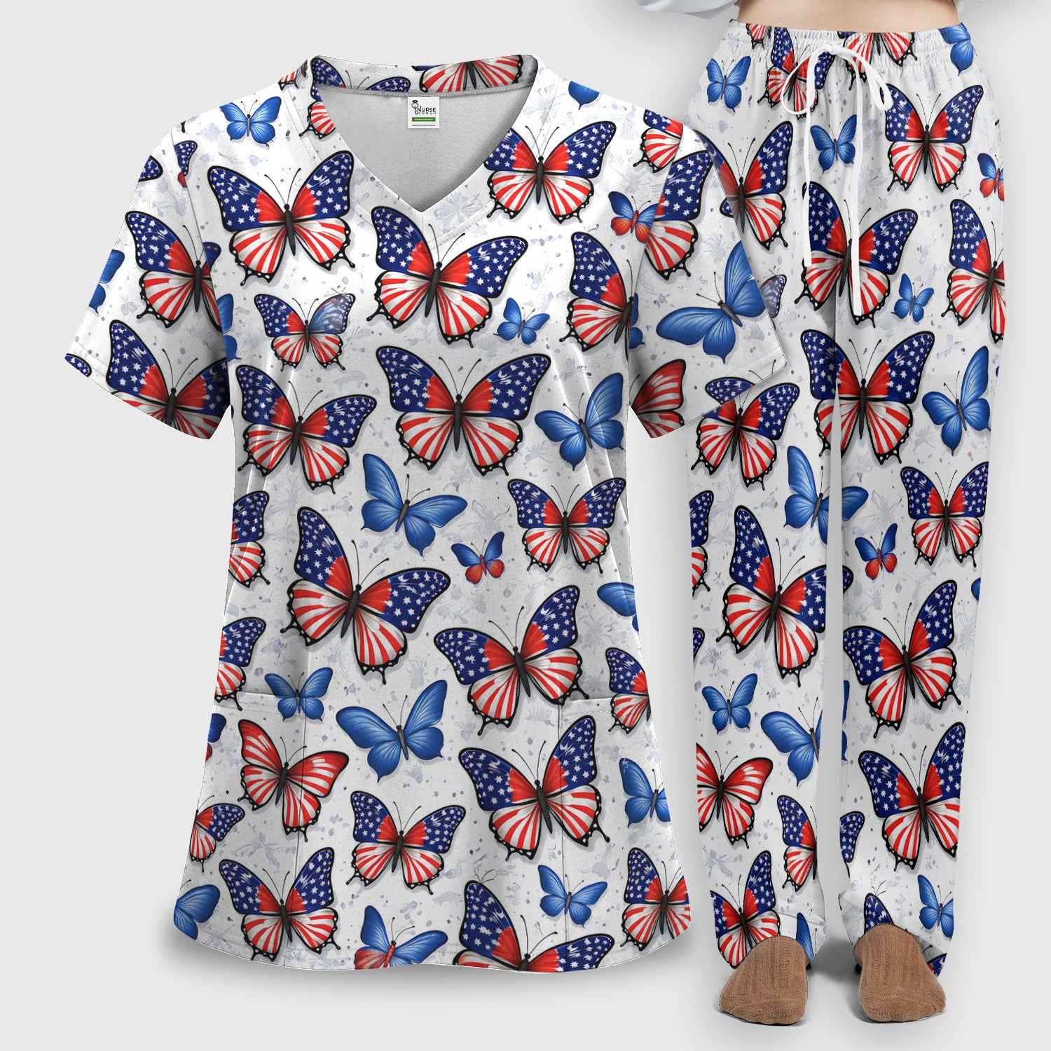 Charming Patriotic Butterfly Star Pattern Scrub Set, Scrub Pants and V Neck Top